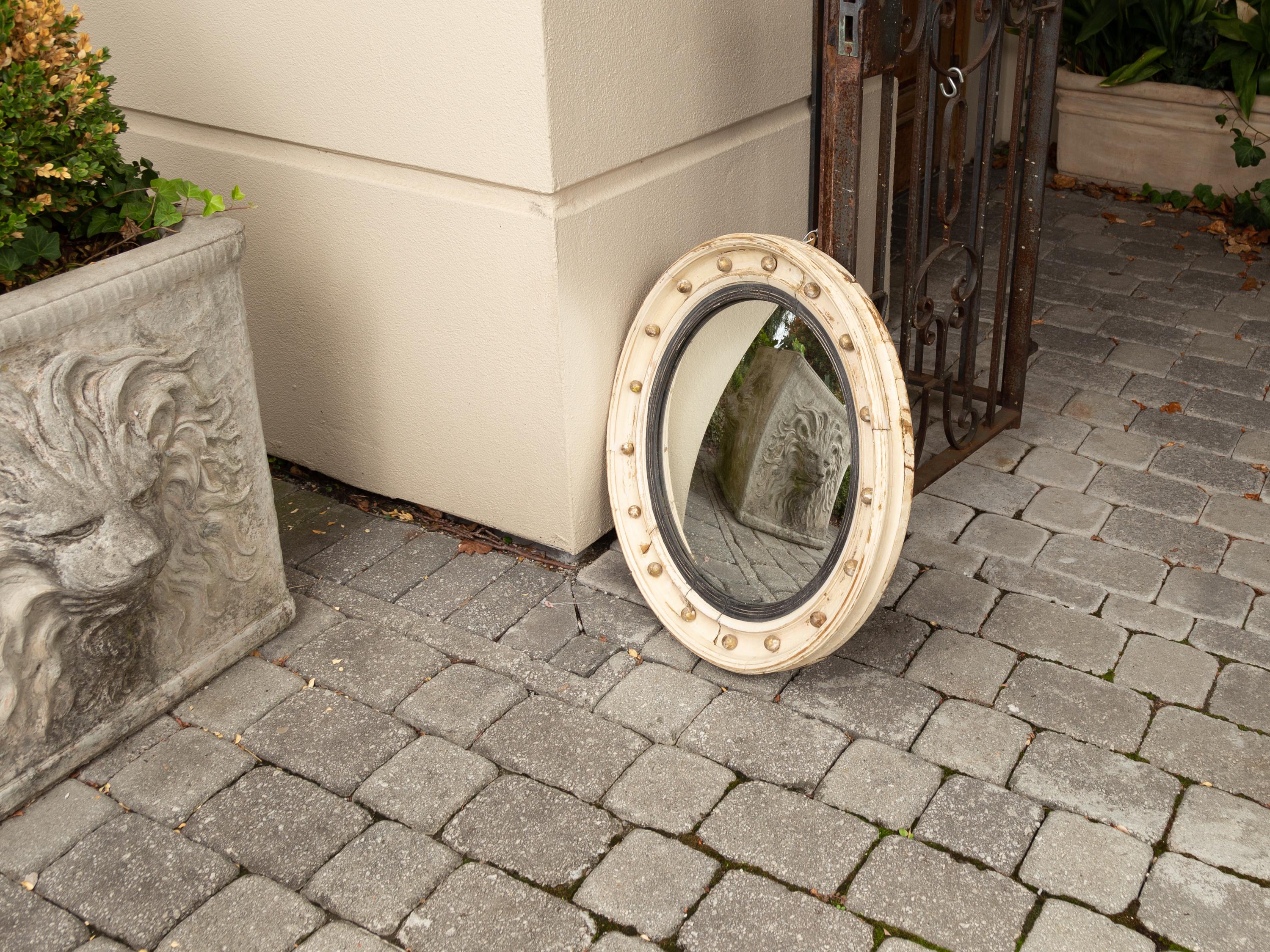 English 1870s Painted Wood Convex Bullseye Mirror with Ebonized Accents 6