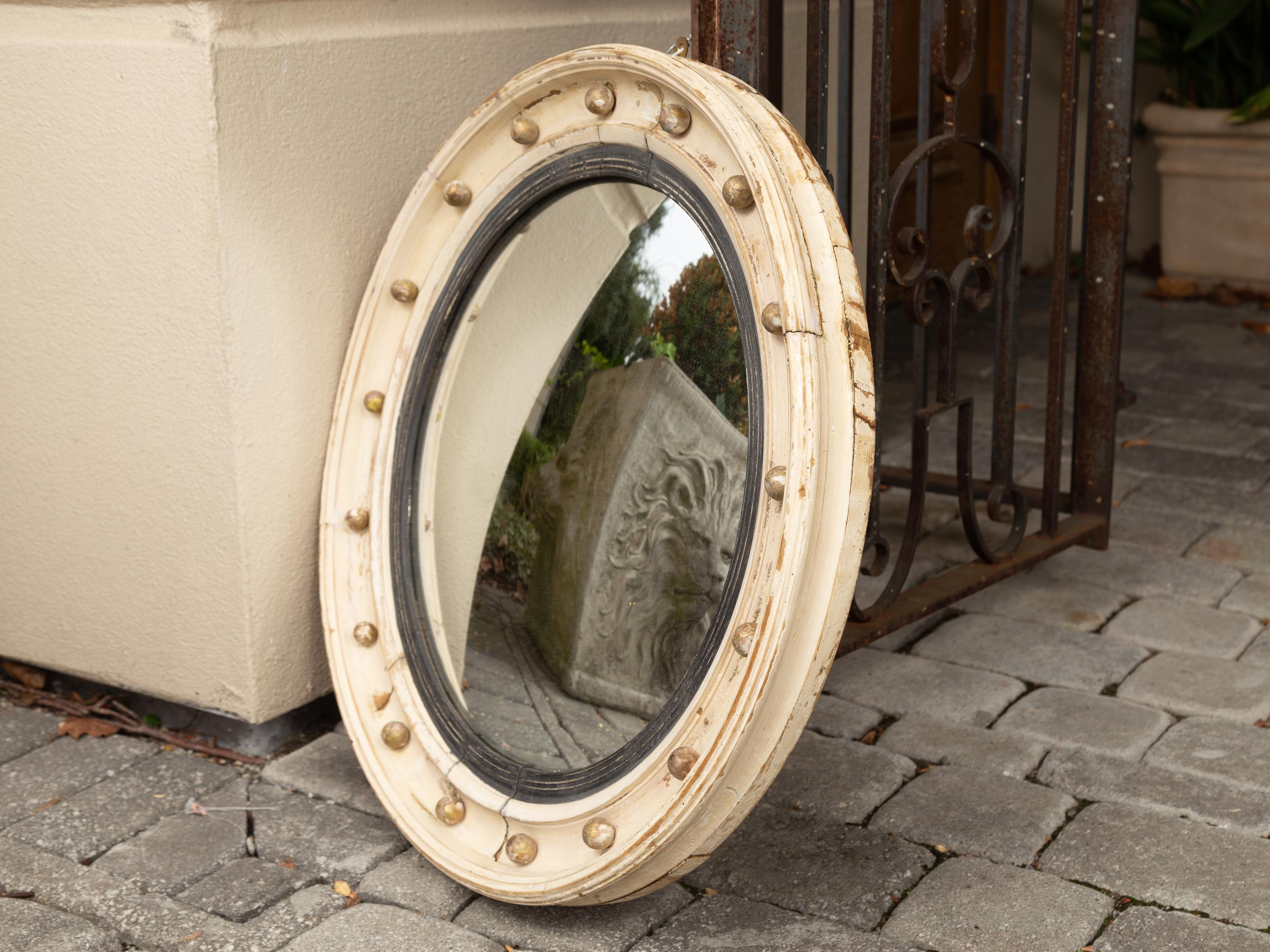 English 1870s Painted Wood Convex Bullseye Mirror with Ebonized Accents 3