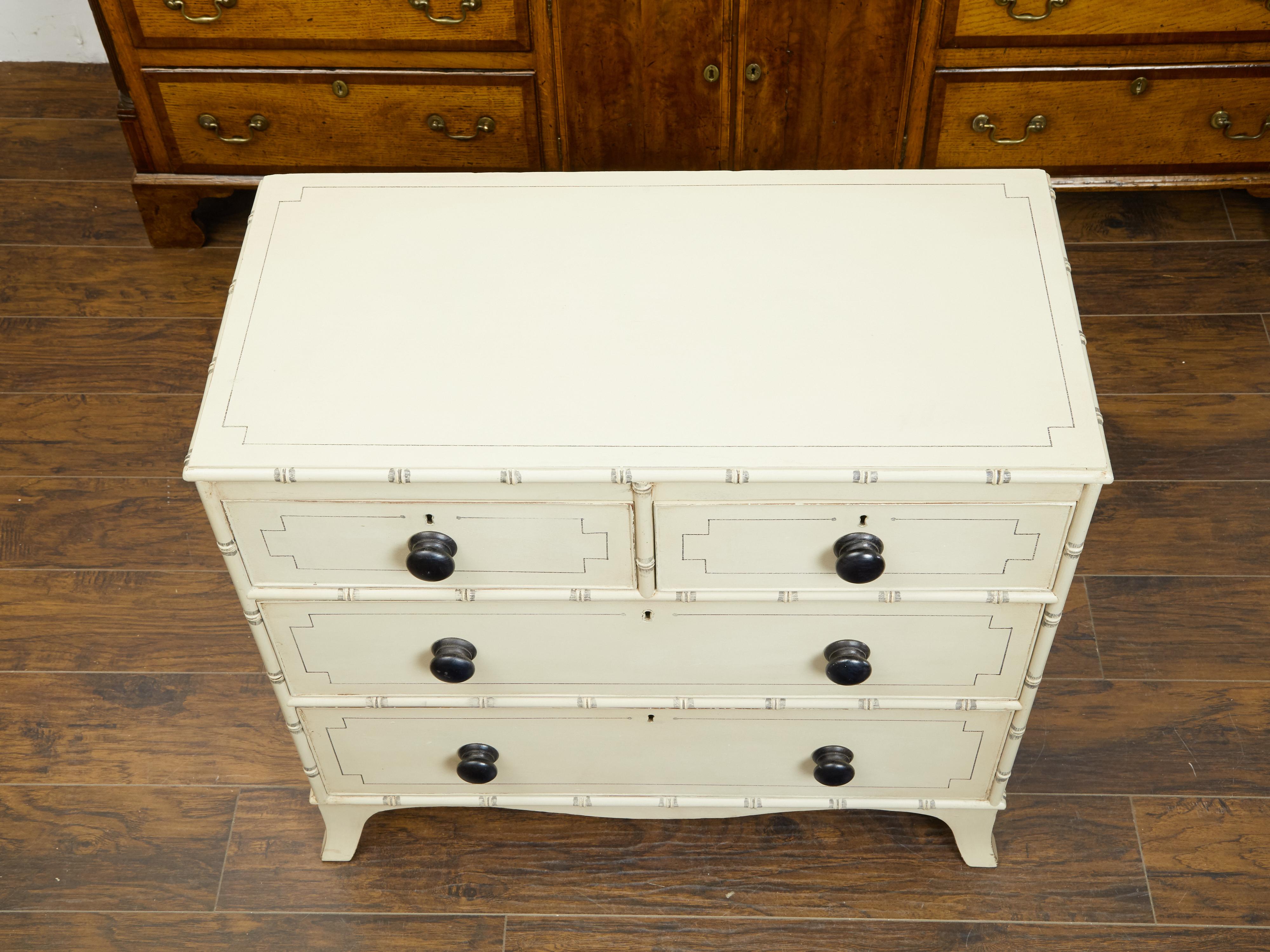 English 1870s Painted Wood Four-Drawer Chest with Splayed Bracket Feet 1