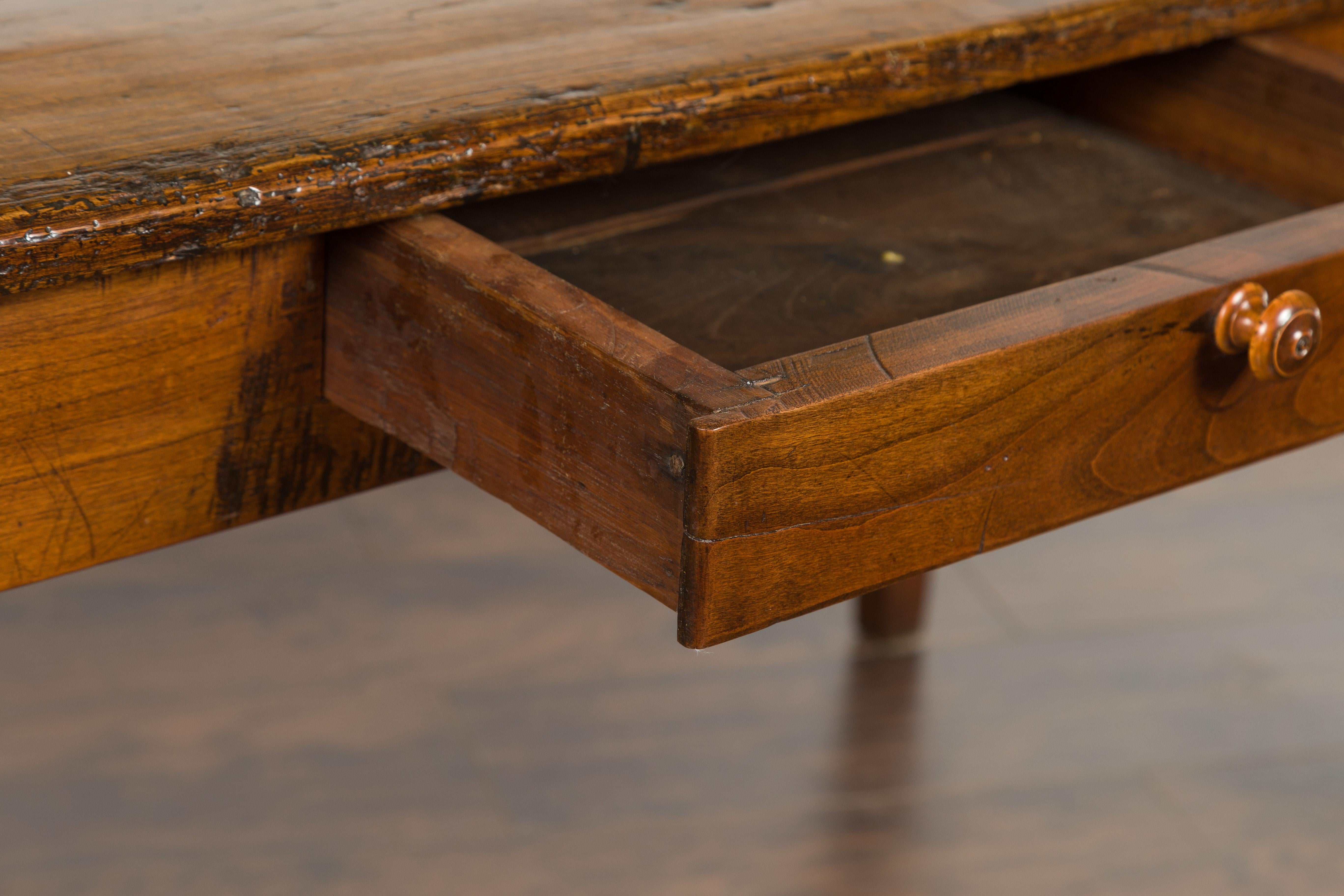 English 1870s Rustic Elm Farm Table with Single Drawer and Tapered Legs 9