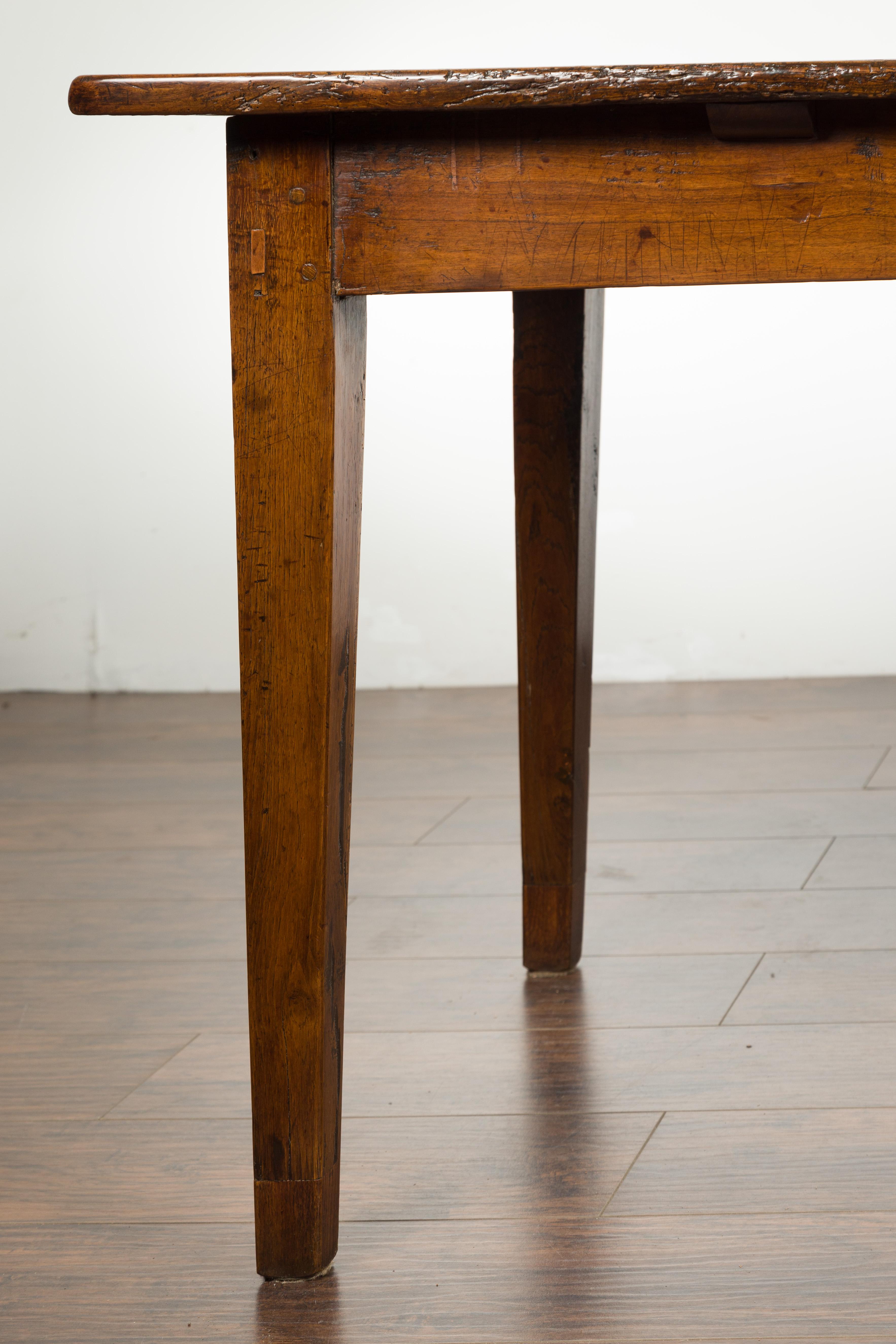 English 1870s Rustic Elm Farm Table with Single Drawer and Tapered Legs 2