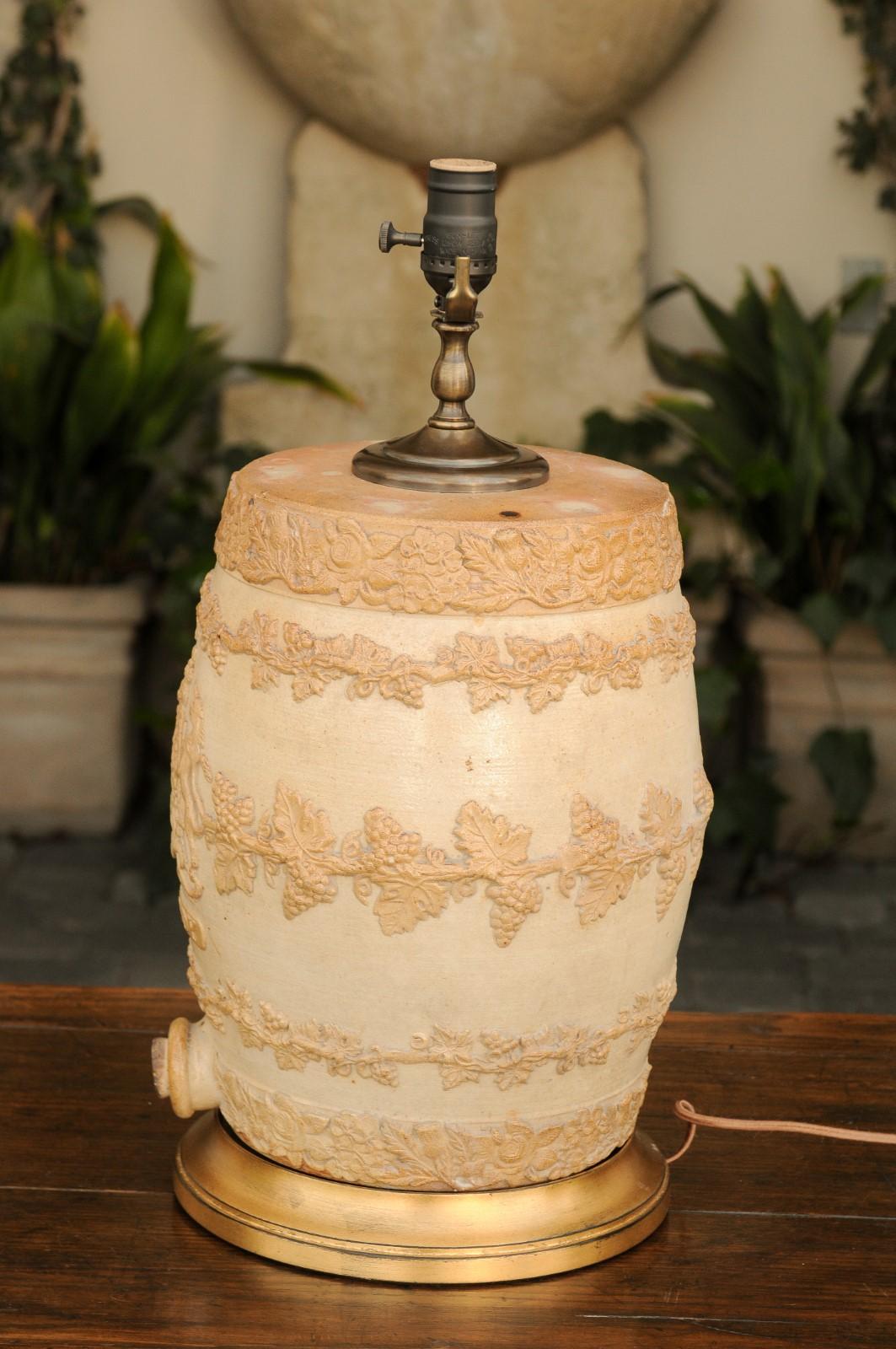 English 1870s Stoneware Spirit Barrel Mounted as a Wired Lamp on Giltwood Base 5