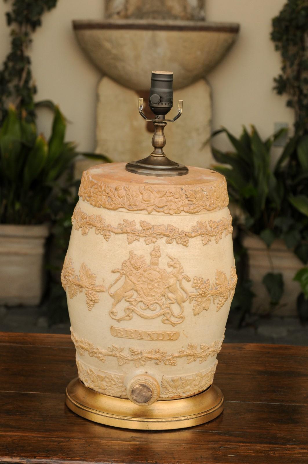 English 1870s Stoneware Spirit Barrel Mounted as a Wired Lamp on Giltwood Base 6