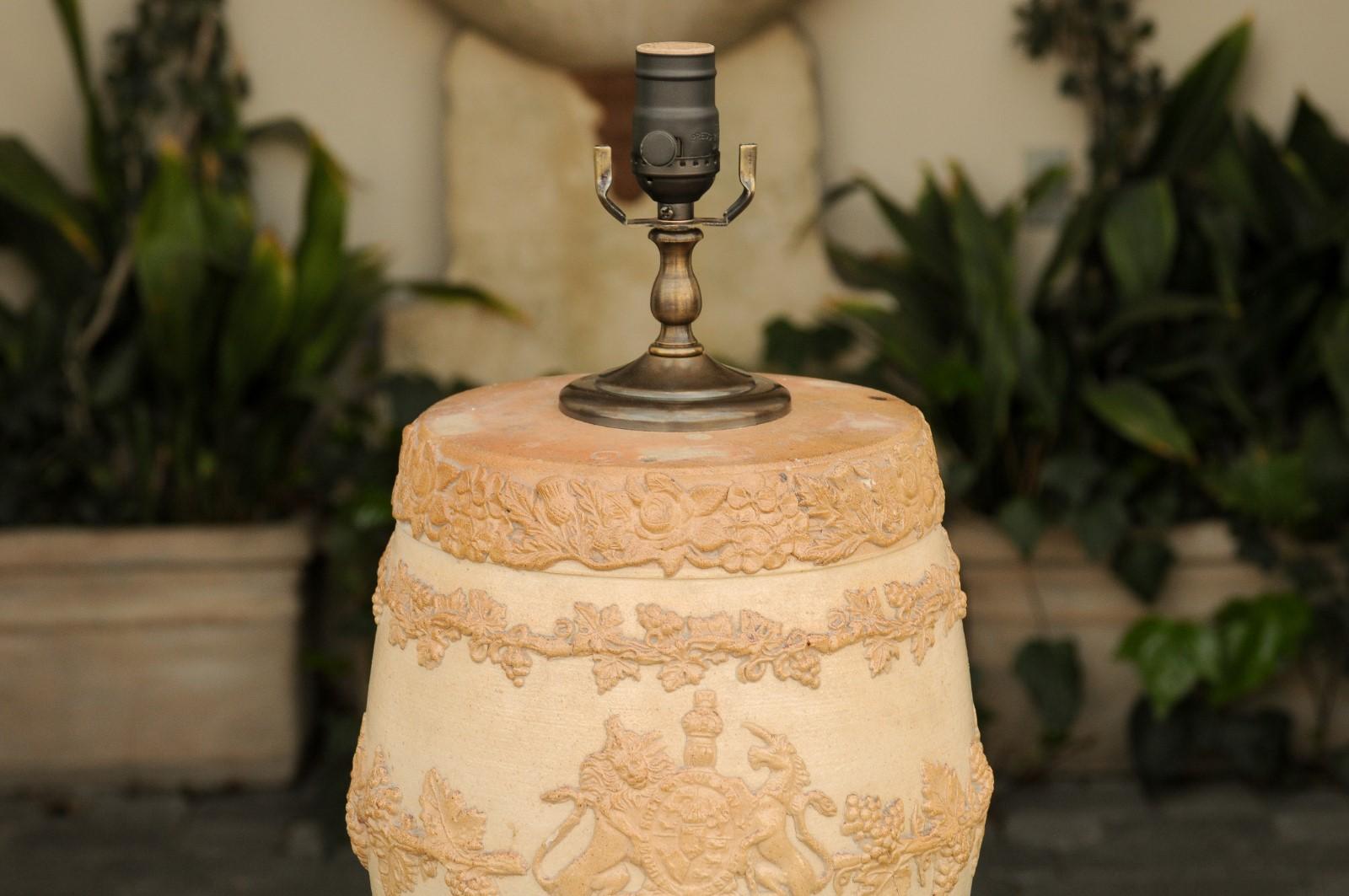English 1870s Stoneware Spirit Barrel Mounted as a Wired Lamp on Giltwood Base In Good Condition In Atlanta, GA
