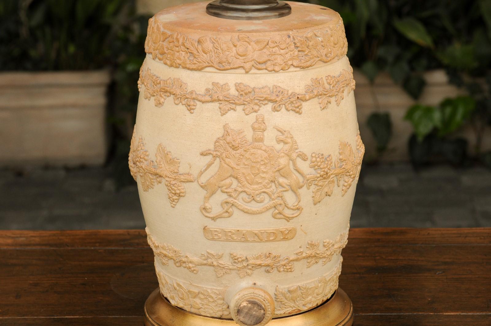 19th Century English 1870s Stoneware Spirit Barrel Mounted as a Wired Lamp on Giltwood Base