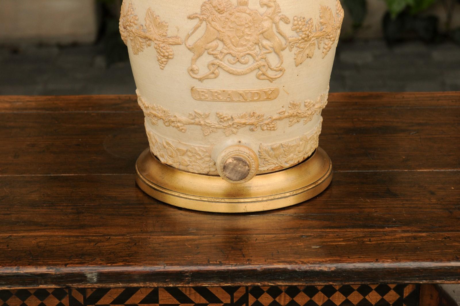Wood English 1870s Stoneware Spirit Barrel Mounted as a Wired Lamp on Giltwood Base