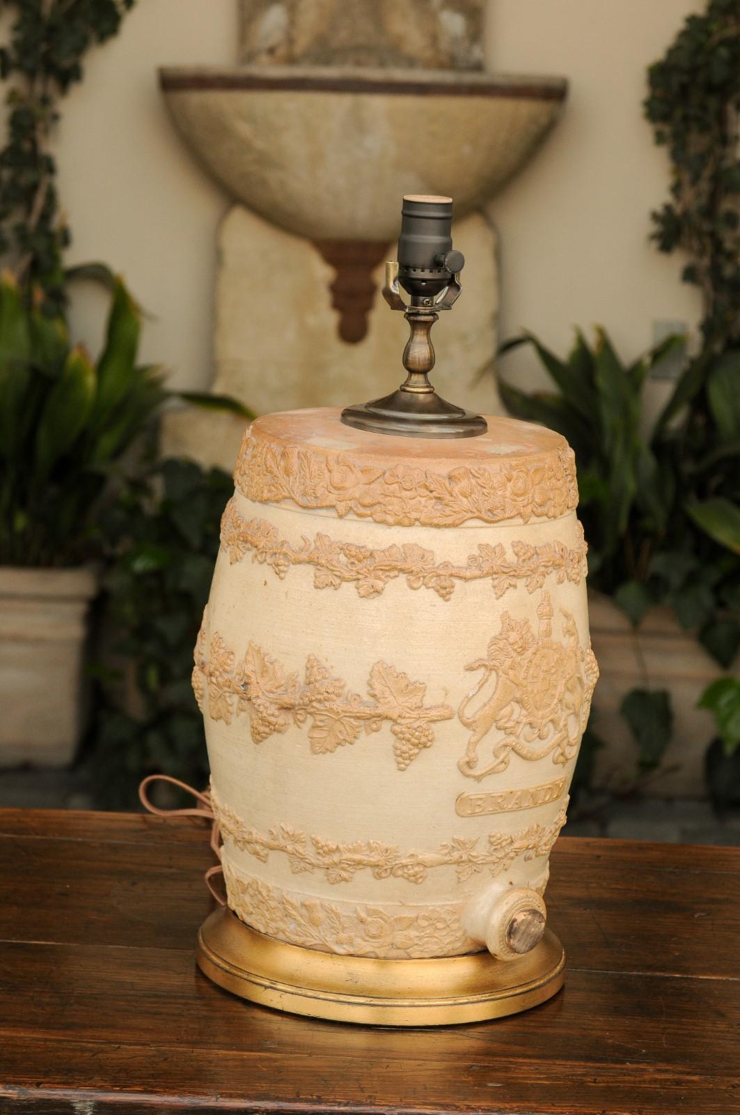 English 1870s Stoneware Spirit Barrel Mounted as a Wired Lamp on Giltwood Base 2