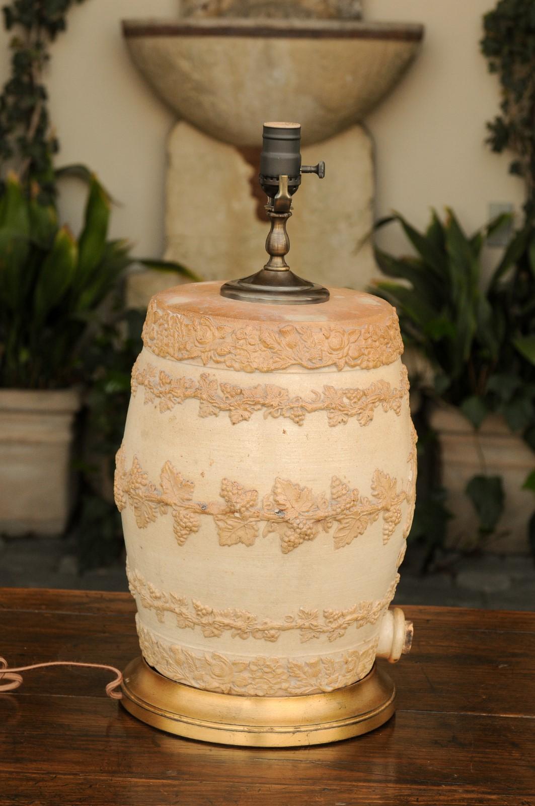English 1870s Stoneware Spirit Barrel Mounted as a Wired Lamp on Giltwood Base 3