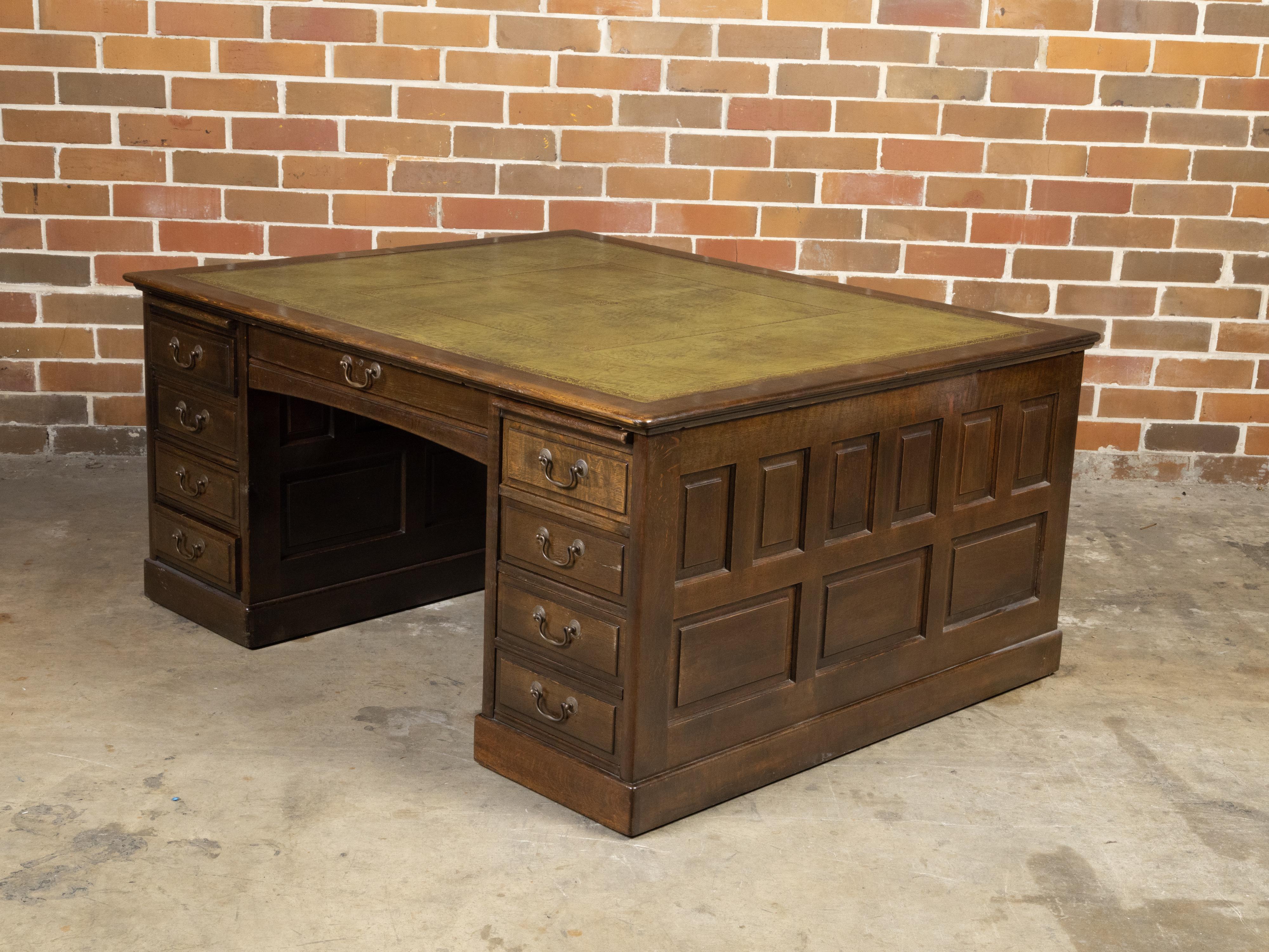 English 1870s Wood and Green Leather Partner's Desk with Multiple Drawers For Sale 8