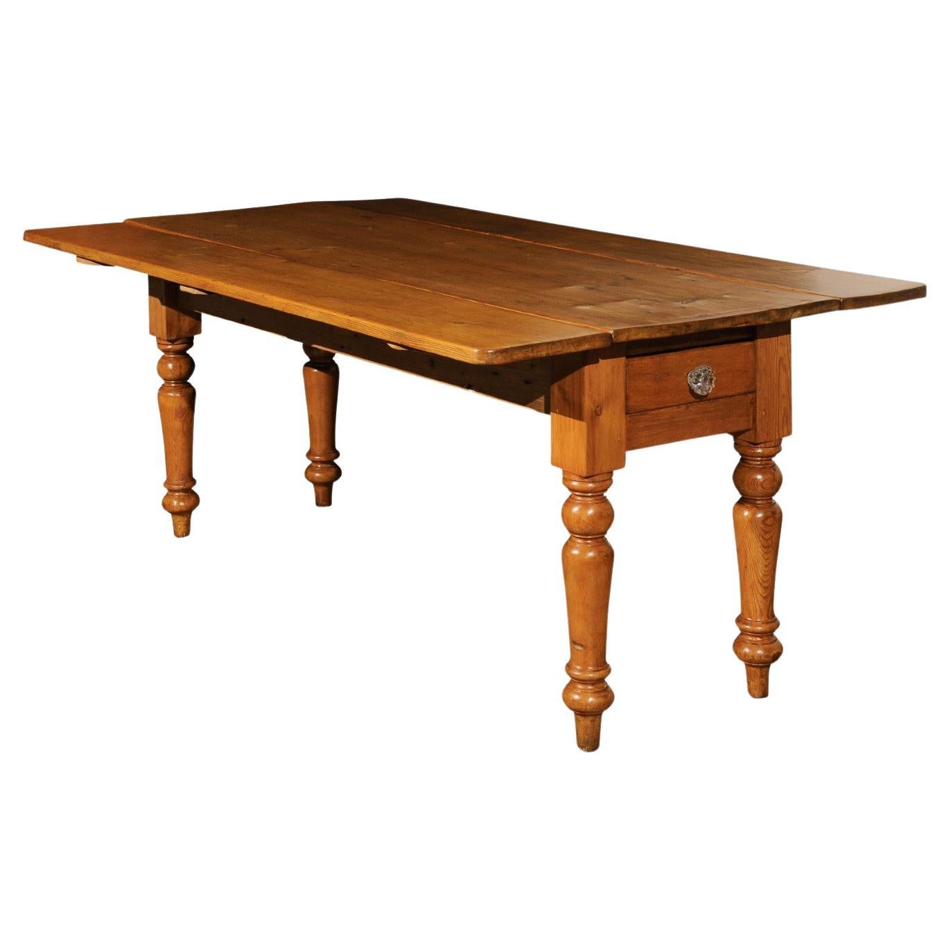 English 1875s Pine Drop Leaf Table with Two Lateral Drawers and Turned Legs For Sale