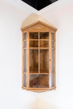 English 1875s Pine Hanging Corner Cabinet with Pointed Pediment and Glass Doors