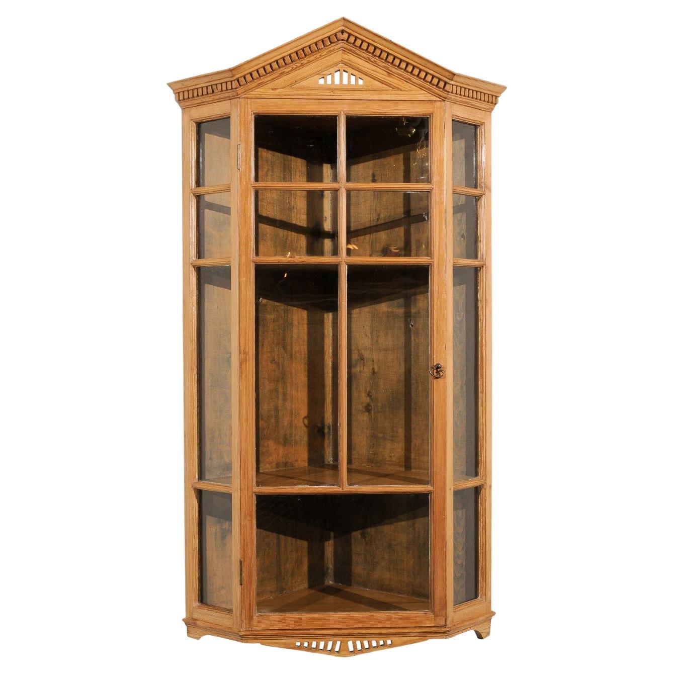 English 1875s Pine Hanging Corner Cabinet with Pointed Pediment and Glass Doors For Sale