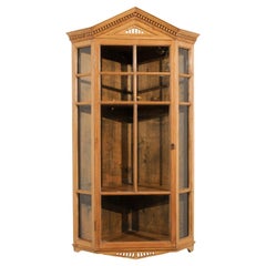 English 1875s Pine Hanging Corner Cabinet with Pointed Pediment and Glass Doors