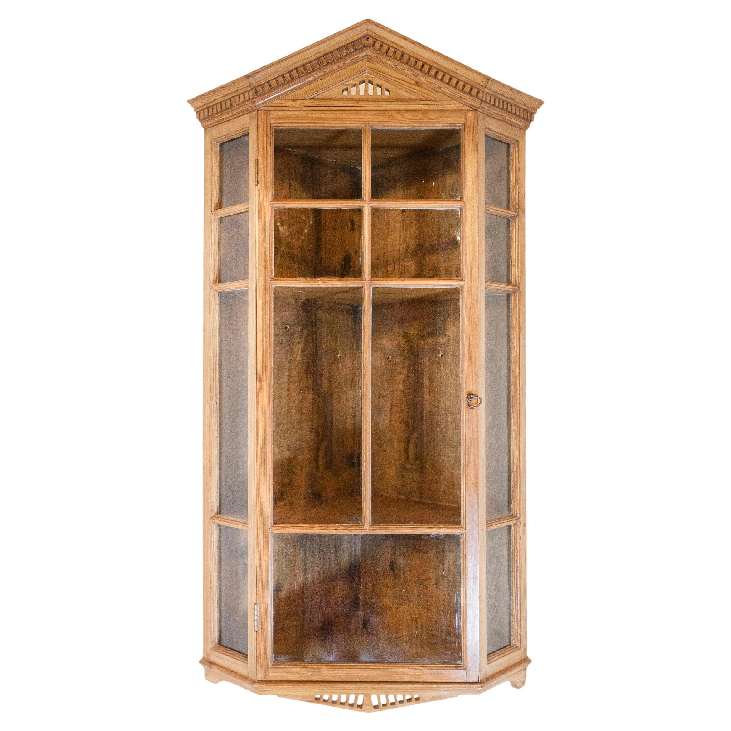 English 1875s Pine Hanging Corner Cabinet with Pointed Pediment and Glass Doors