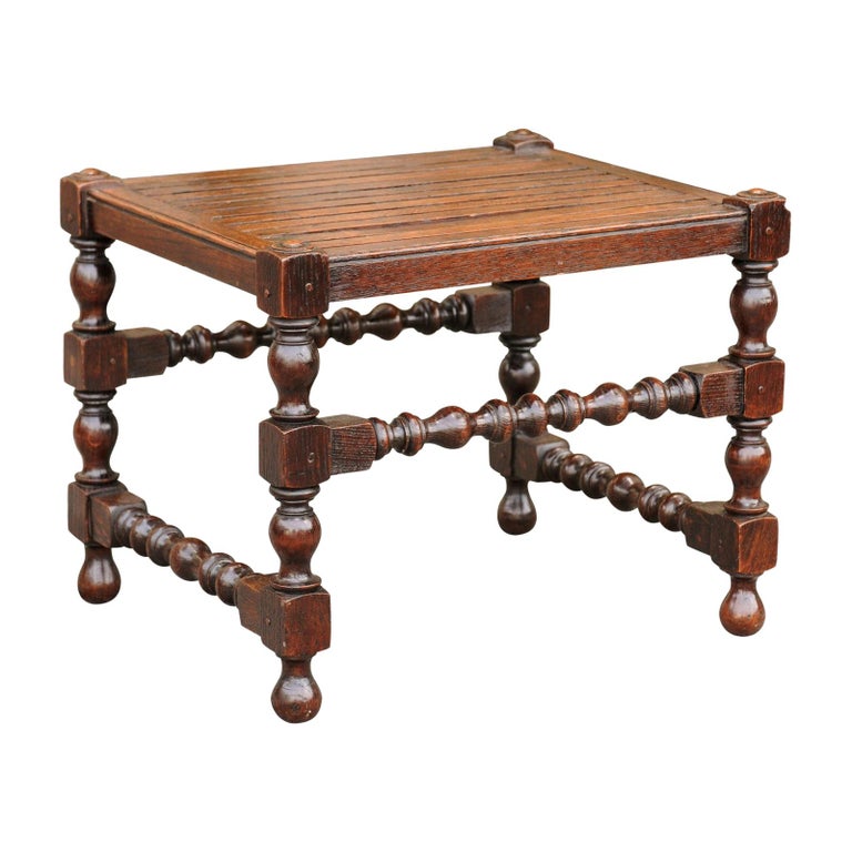 English 1880 Oak Barley Twist Stool with Slatted Seat, Turned Legs and Stretcher at 1stDibs