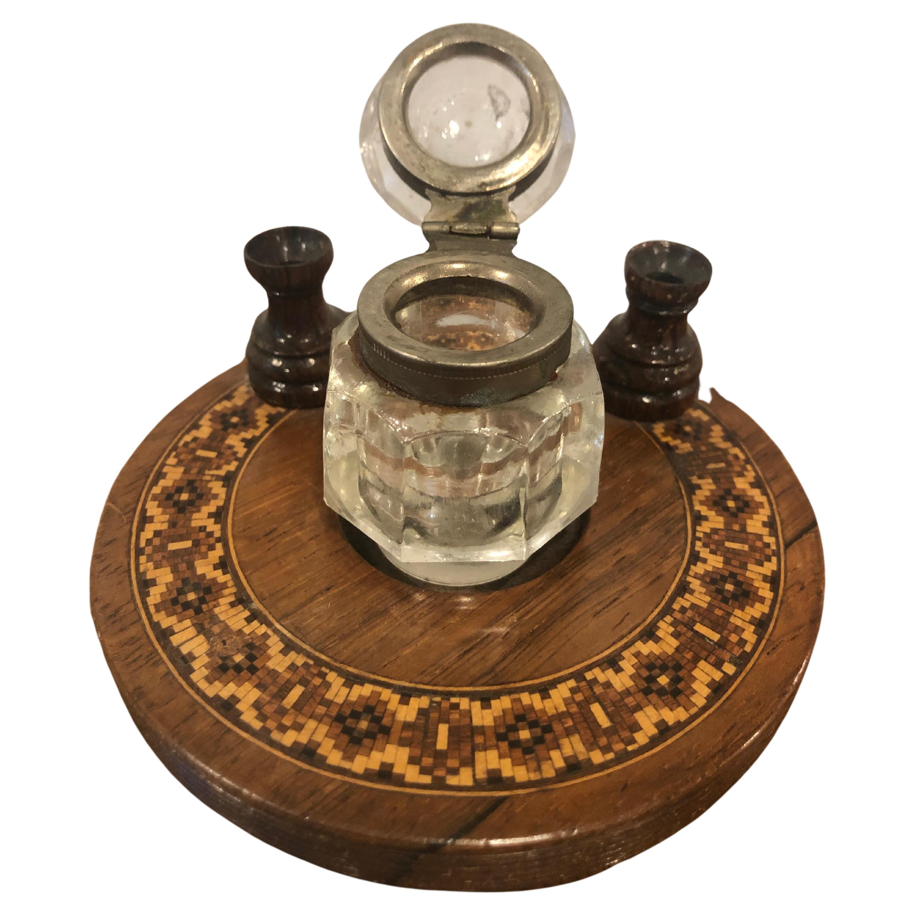 English 1880 Tunbridge Ink Stand with Crystal Inkwell Rosewood Bun Feet For Sale