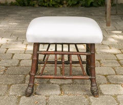 English 1880s Bamboo Stool with Bamboo Root Feet and New Upholstery