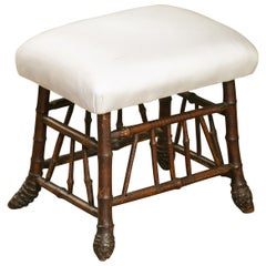 English 1880s Bamboo Stool with Bamboo Root Feet and New Upholstery