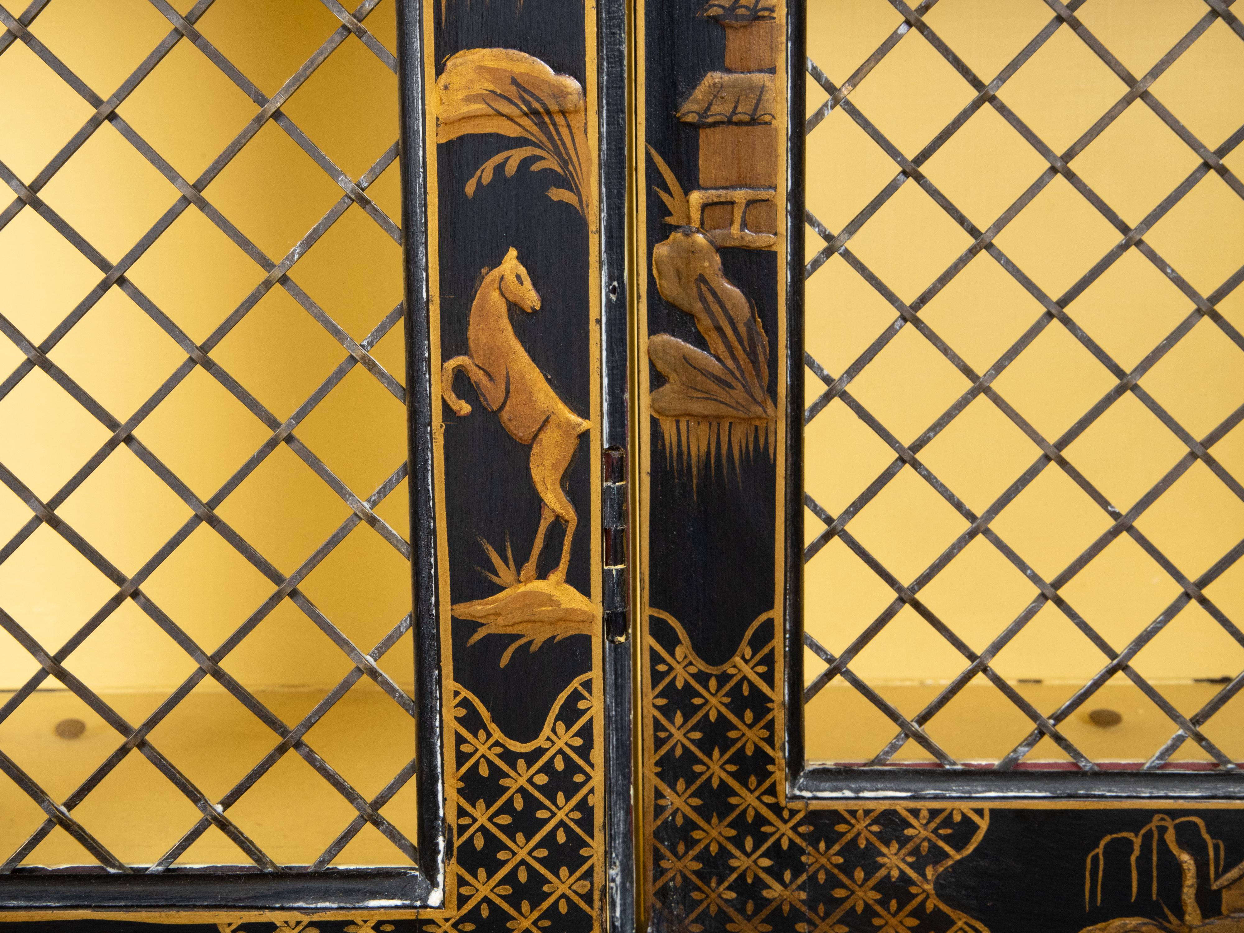 English 1880s Black and Gold Breakfront Two Part Bookcase with Chinoiserie Décor For Sale 7