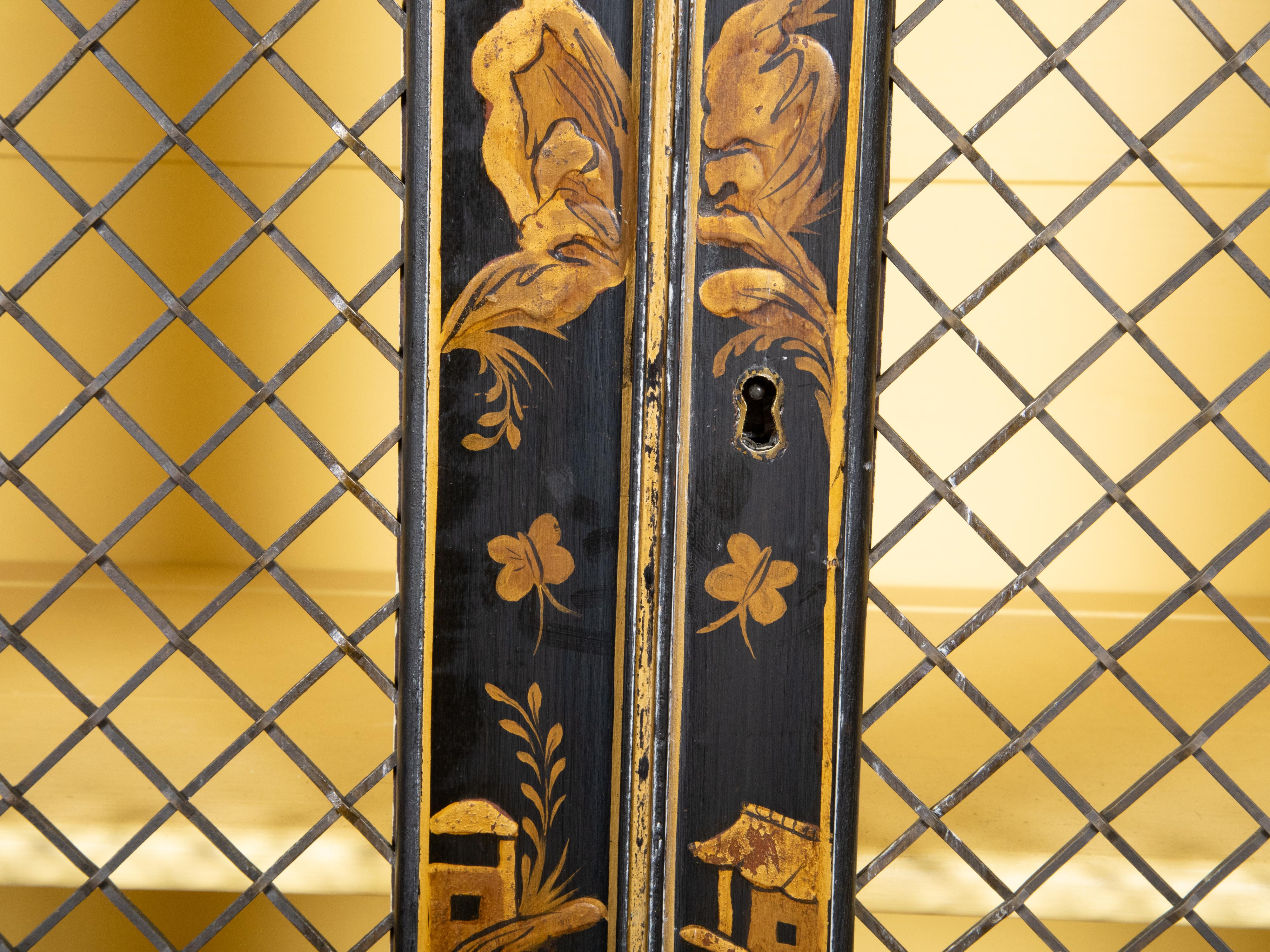 English 1880s Black and Gold Breakfront Two Part Bookcase with Chinoiserie Décor For Sale 8