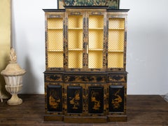 English 1880s Black and Gold Breakfront Two Part Bookcase with Chinoiserie Décor