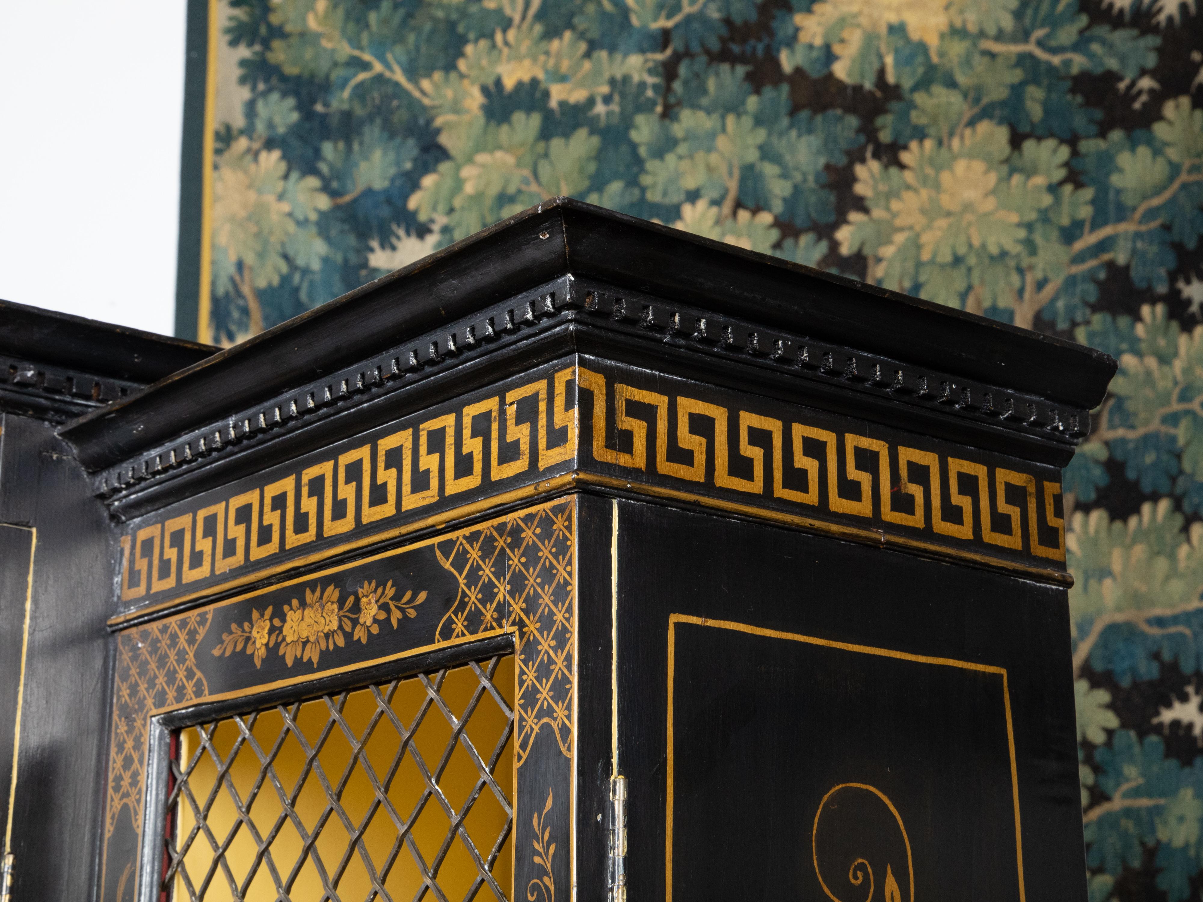 19th Century English 1880s Black and Gold Breakfront Two Part Bookcase with Chinoiserie Décor For Sale