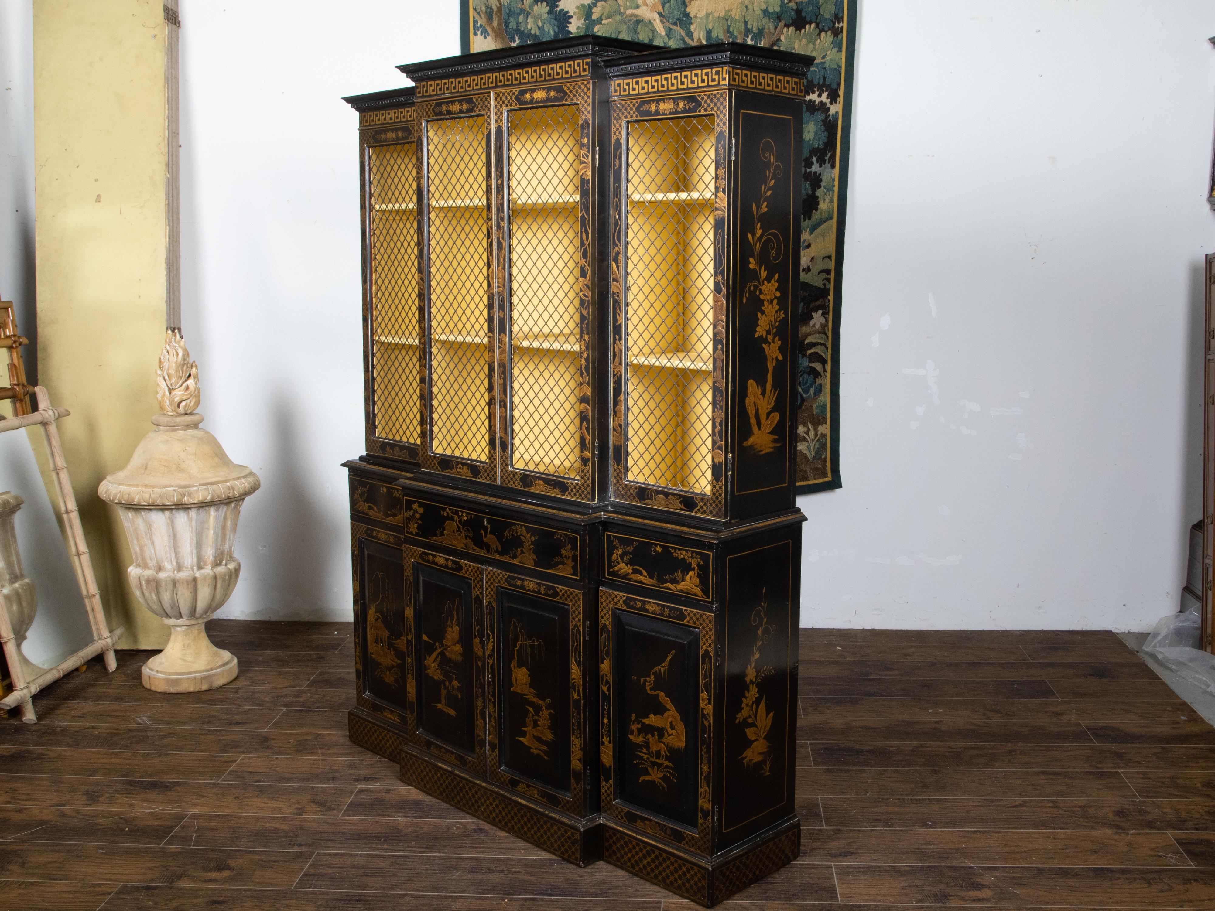 Wire English 1880s Black and Gold Breakfront Two Part Bookcase with Chinoiserie Décor For Sale