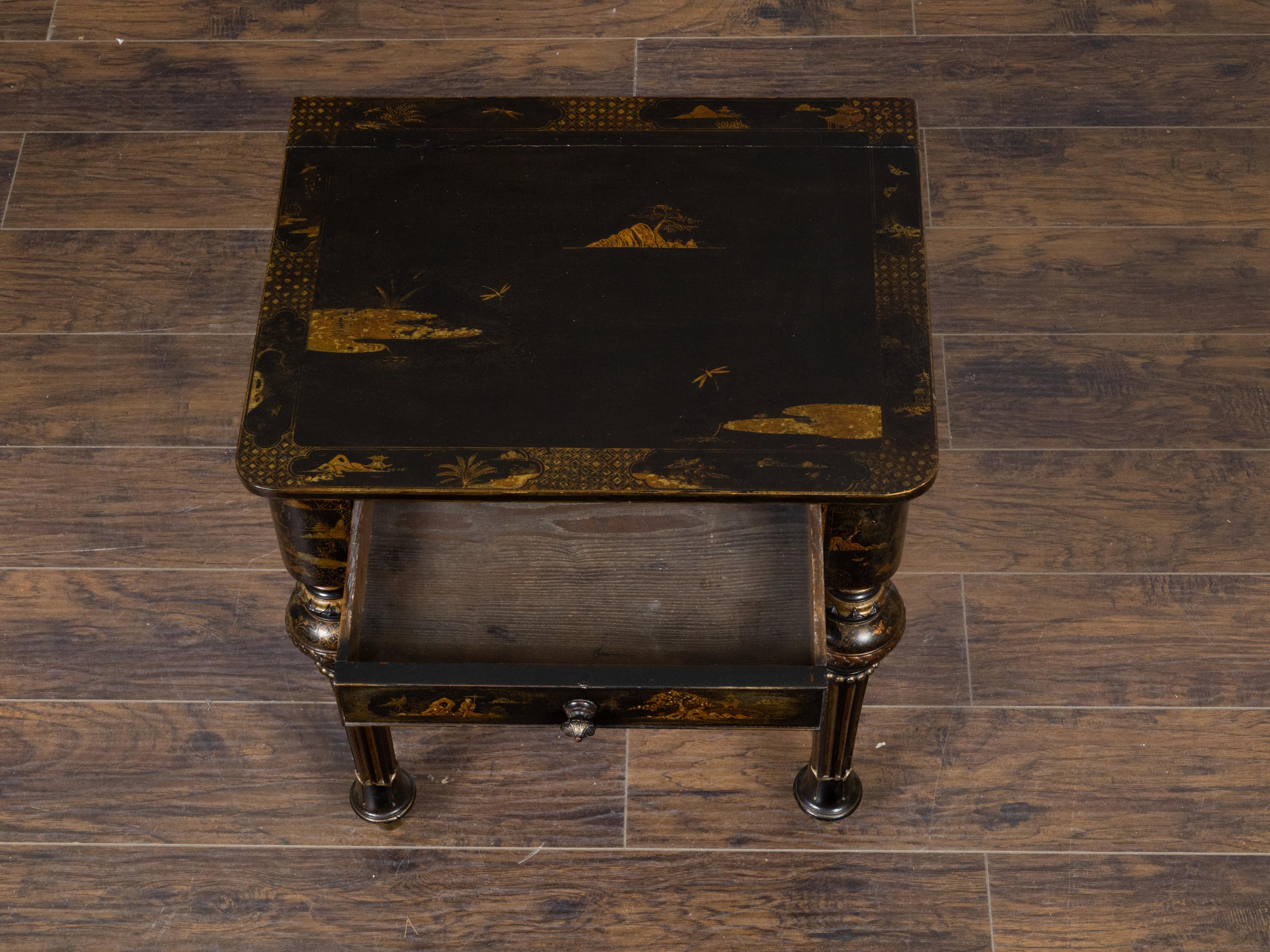 English 1880s Black and Gold Japanned Side Table with Chinoiserie Décor For Sale 5