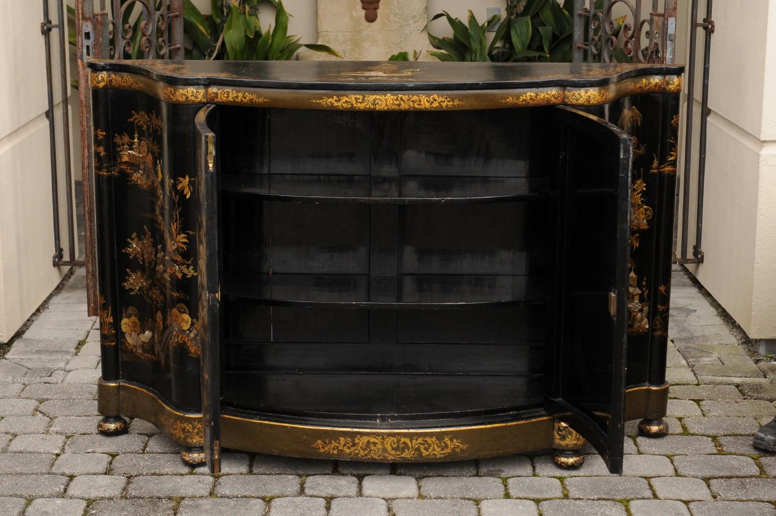 Wood English 1880s Black Lacquered Two-Door Credenza with Gilded Chinoiserie Décor