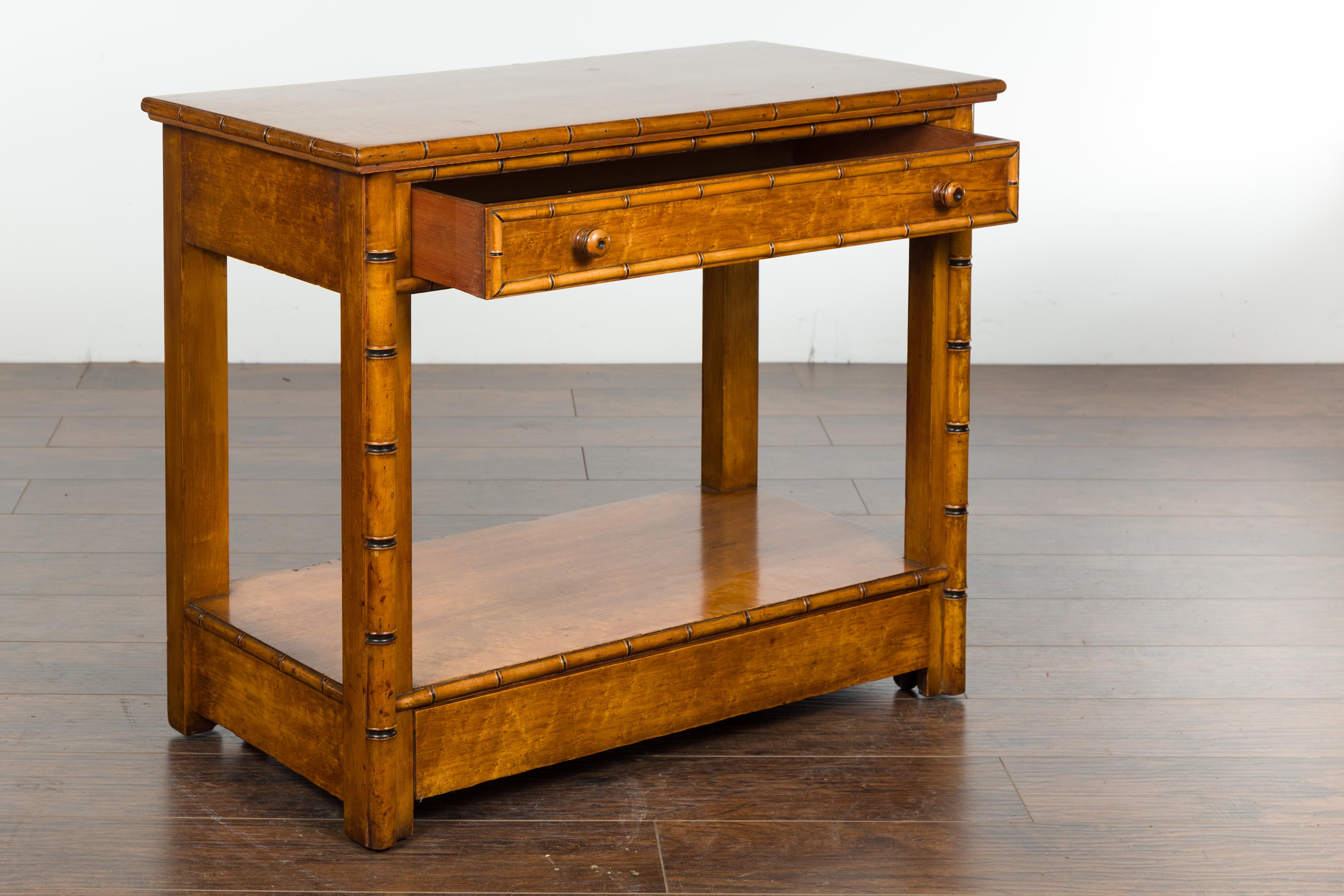 English 1880s Burl Walnut Faux Bamboo Table with Ebonized Accents and Drawer 6