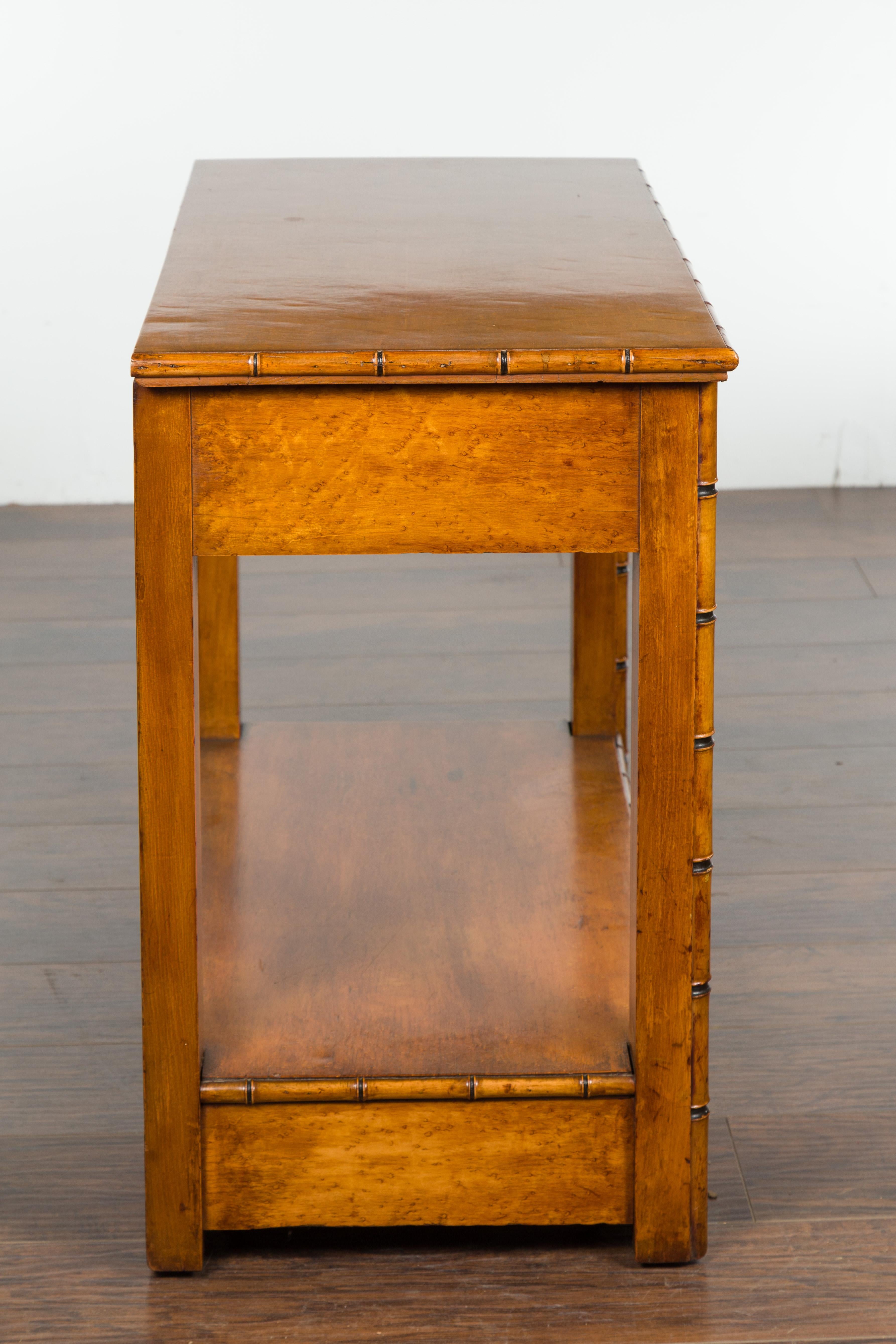 English 1880s Burl Walnut Faux Bamboo Table with Ebonized Accents and Drawer 8