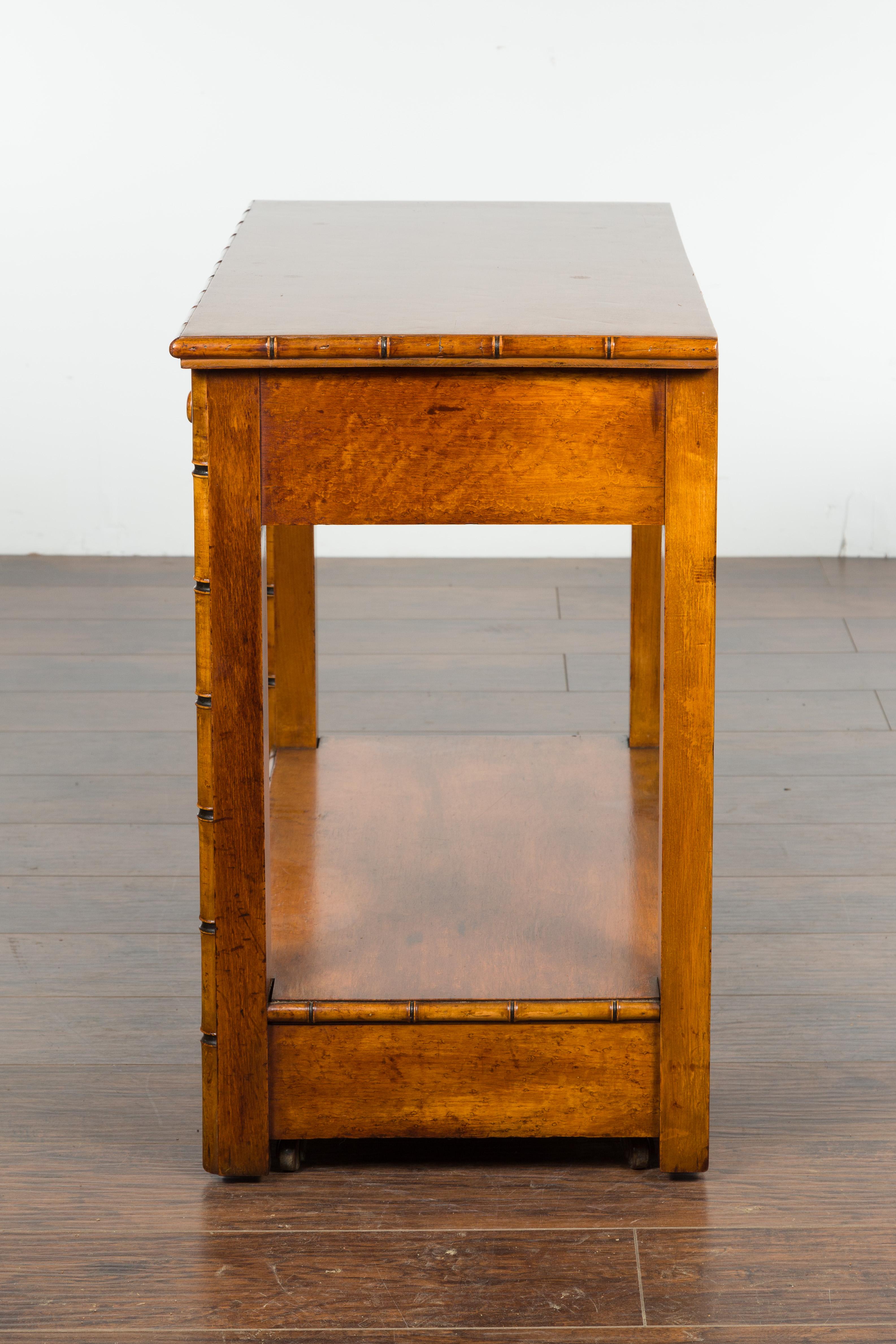 English 1880s Burl Walnut Faux Bamboo Table with Ebonized Accents and Drawer 11