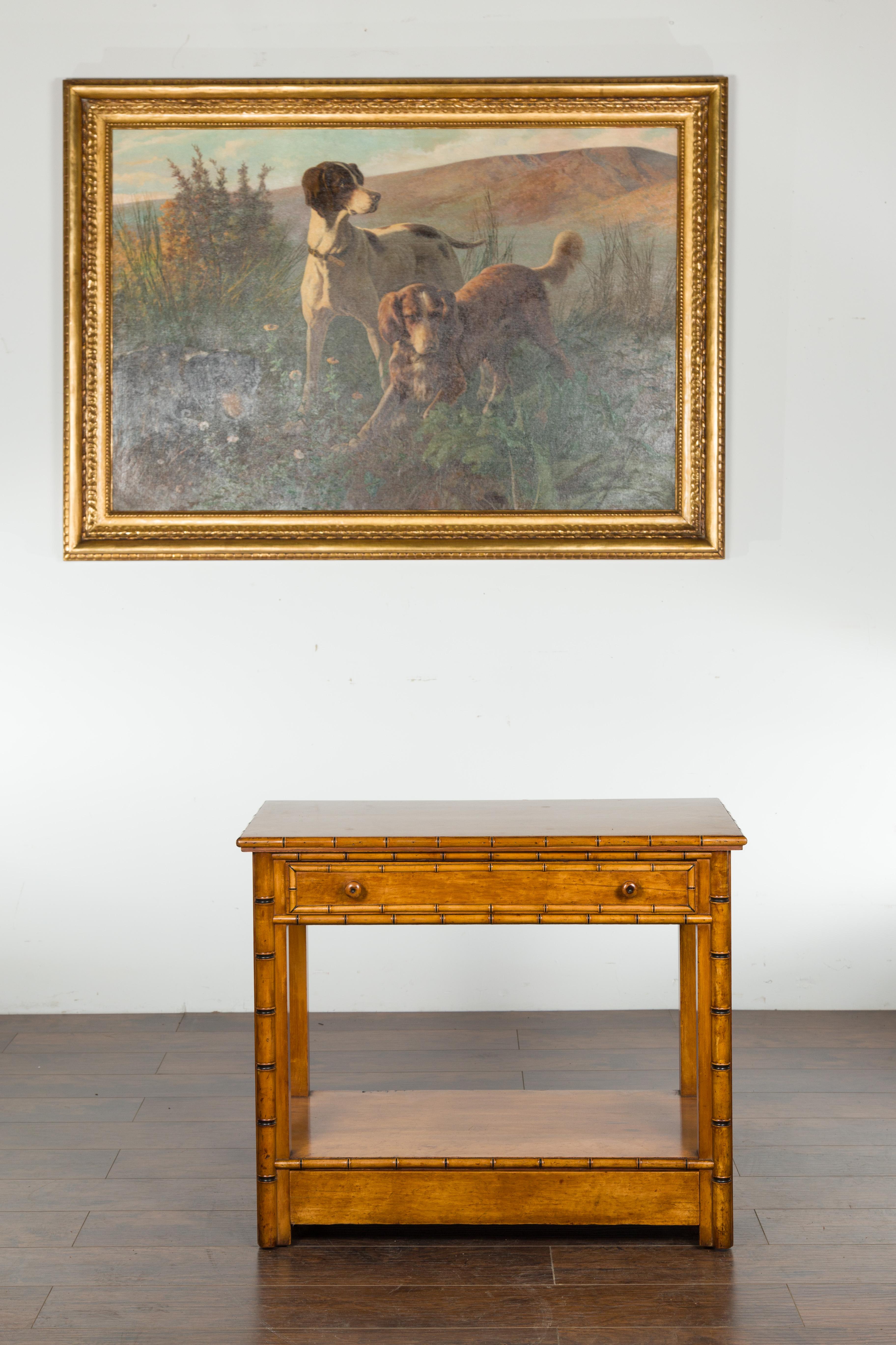 English 1880s Burl Walnut Faux Bamboo Table with Ebonized Accents and Drawer In Good Condition In Atlanta, GA
