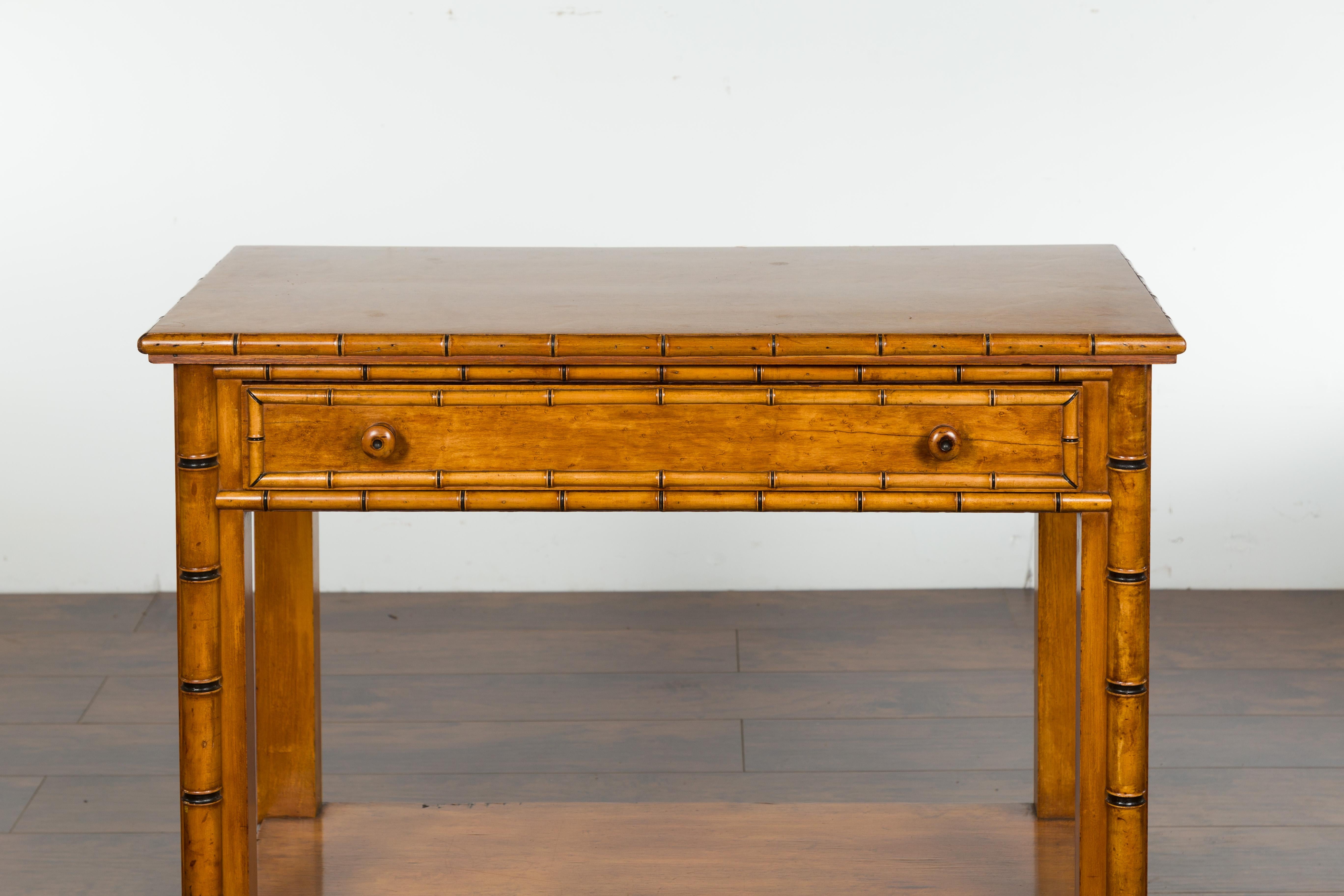 19th Century English 1880s Burl Walnut Faux Bamboo Table with Ebonized Accents and Drawer