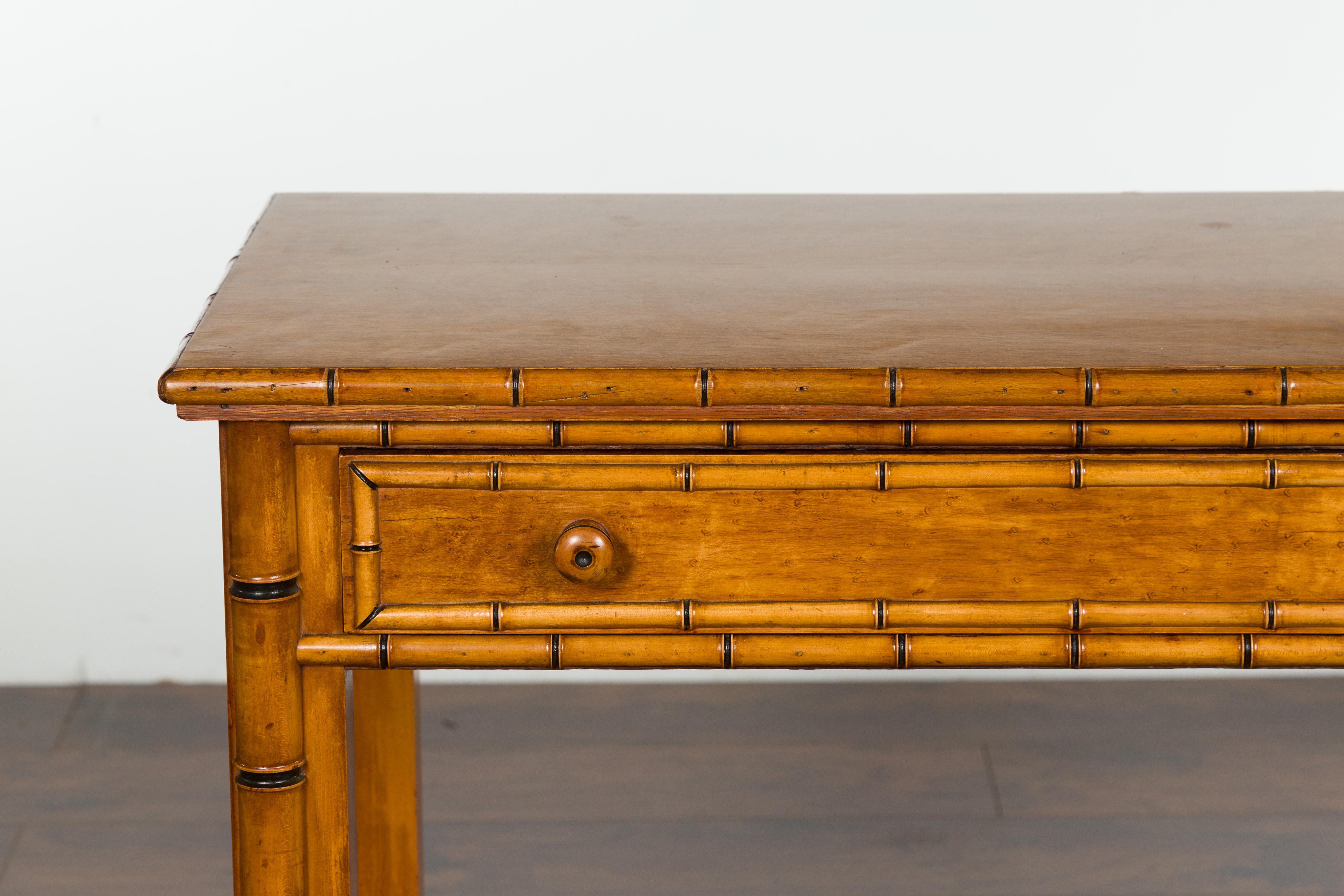 English 1880s Burl Walnut Faux Bamboo Table with Ebonized Accents and Drawer 1