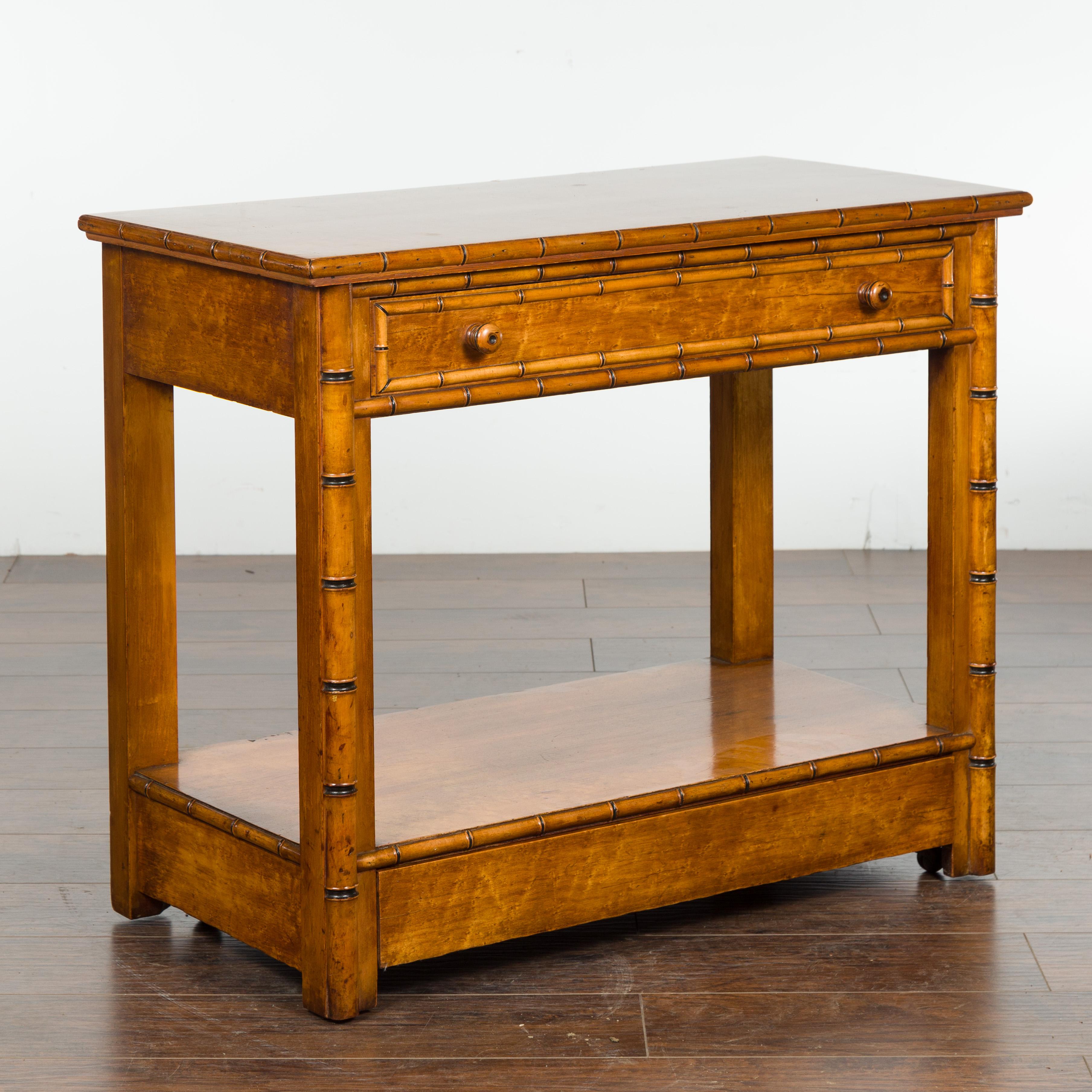 English 1880s Burl Walnut Faux Bamboo Table with Ebonized Accents and Drawer 5