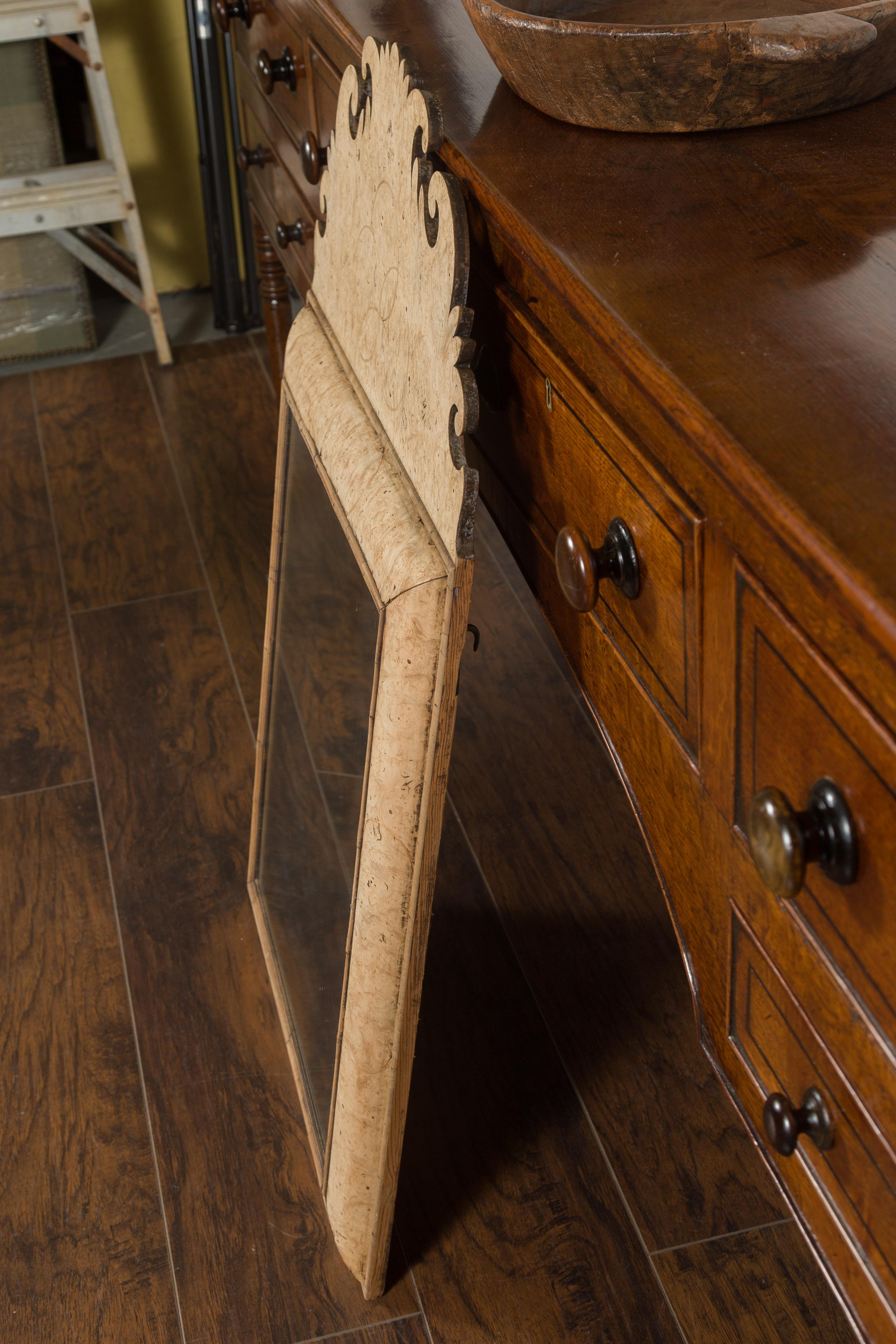 English 1880s Burl Wood Mirror with Large Carved Scrolling Crest 5