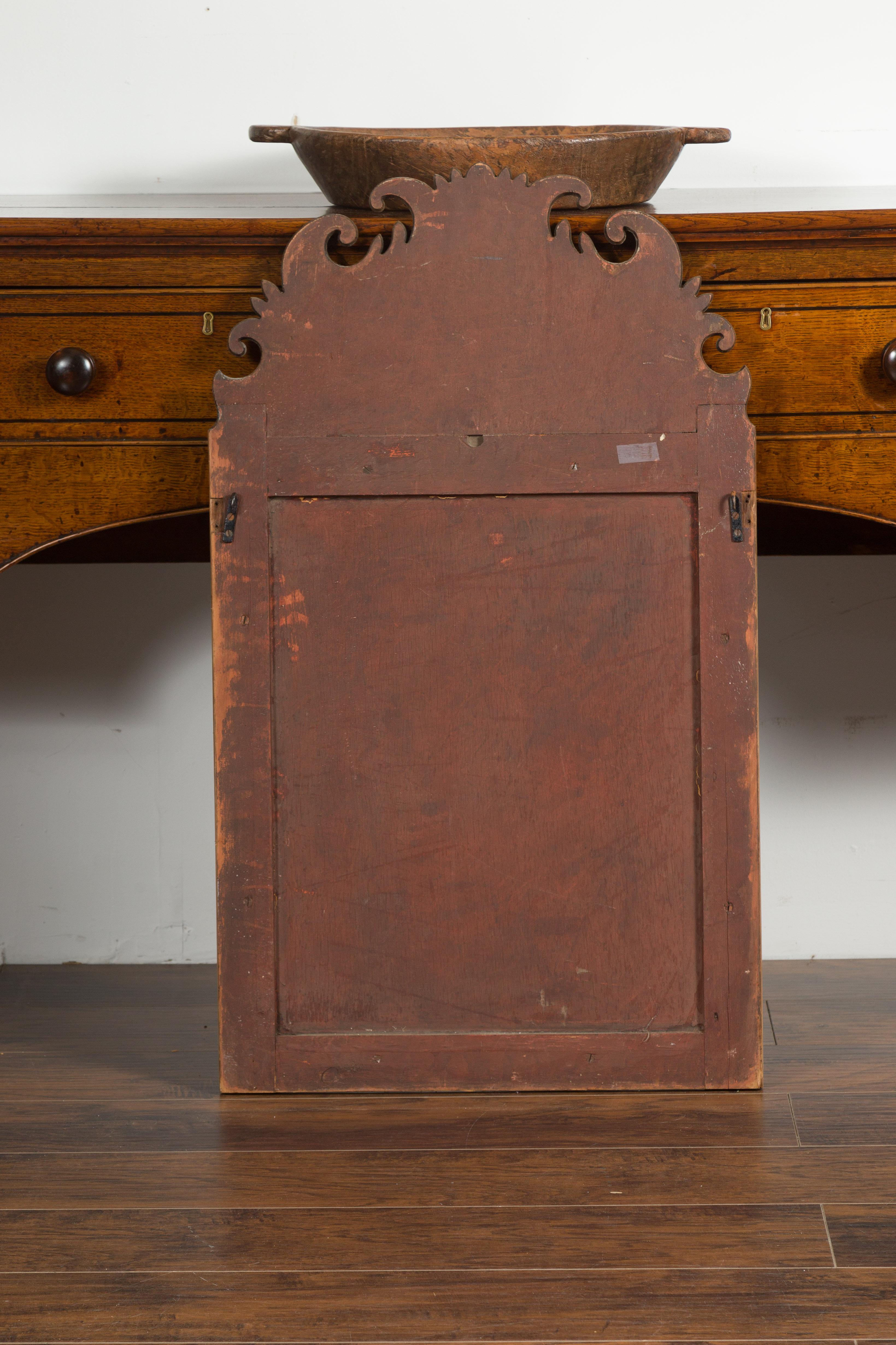 English 1880s Burl Wood Mirror with Large Carved Scrolling Crest 8