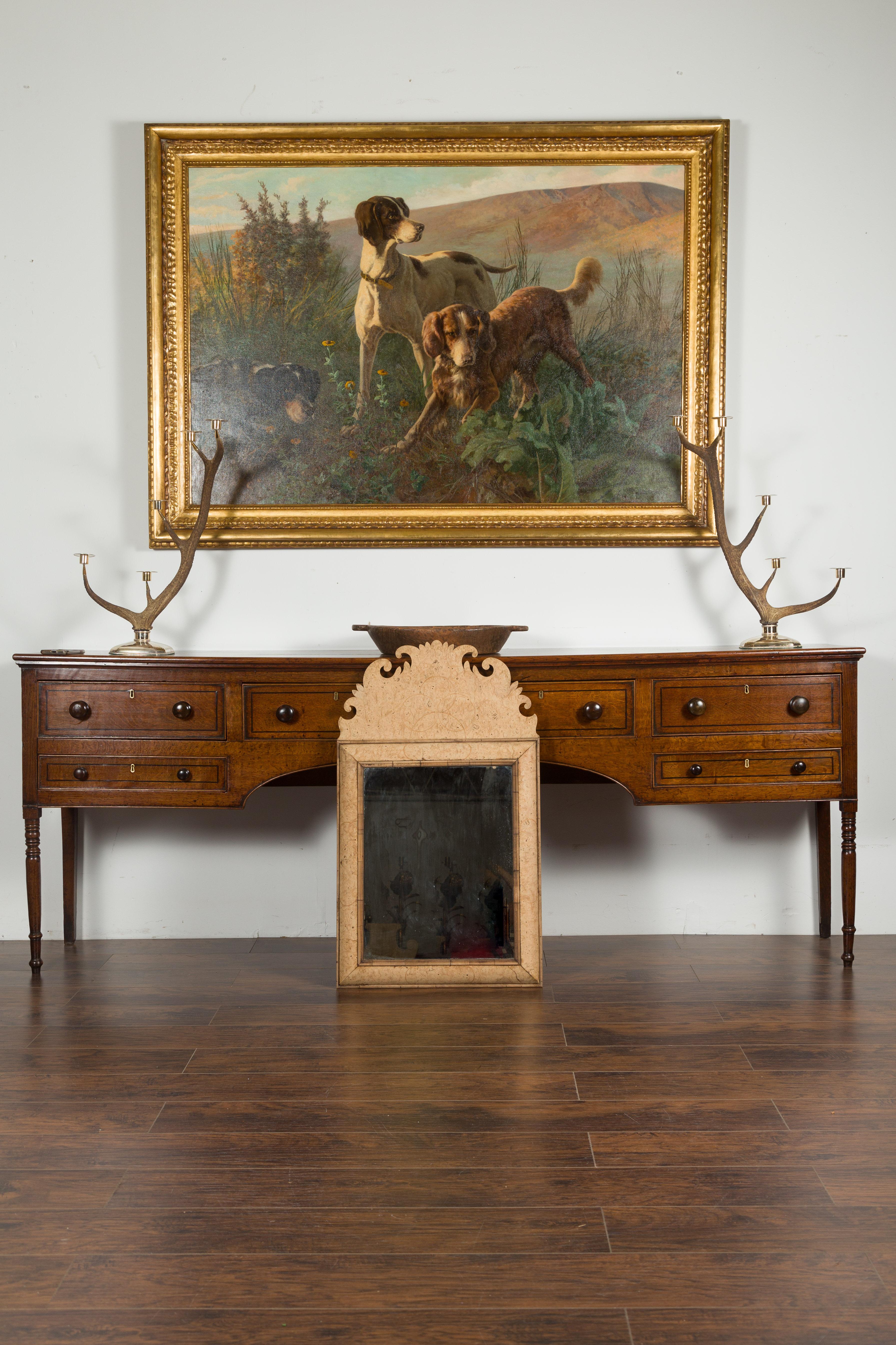 Veneer English 1880s Burl Wood Mirror with Large Carved Scrolling Crest