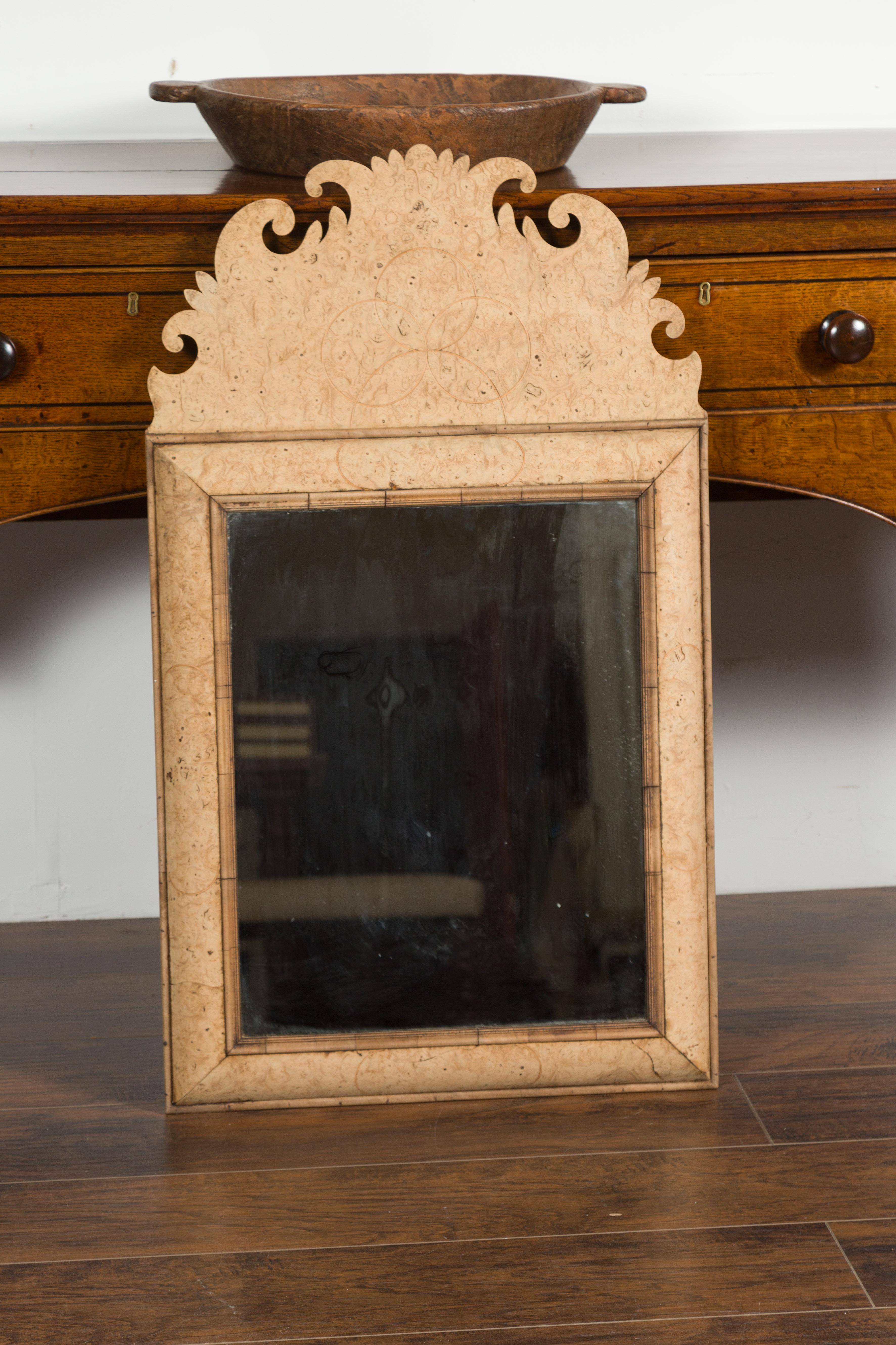 English 1880s Burl Wood Mirror with Large Carved Scrolling Crest In Good Condition In Atlanta, GA