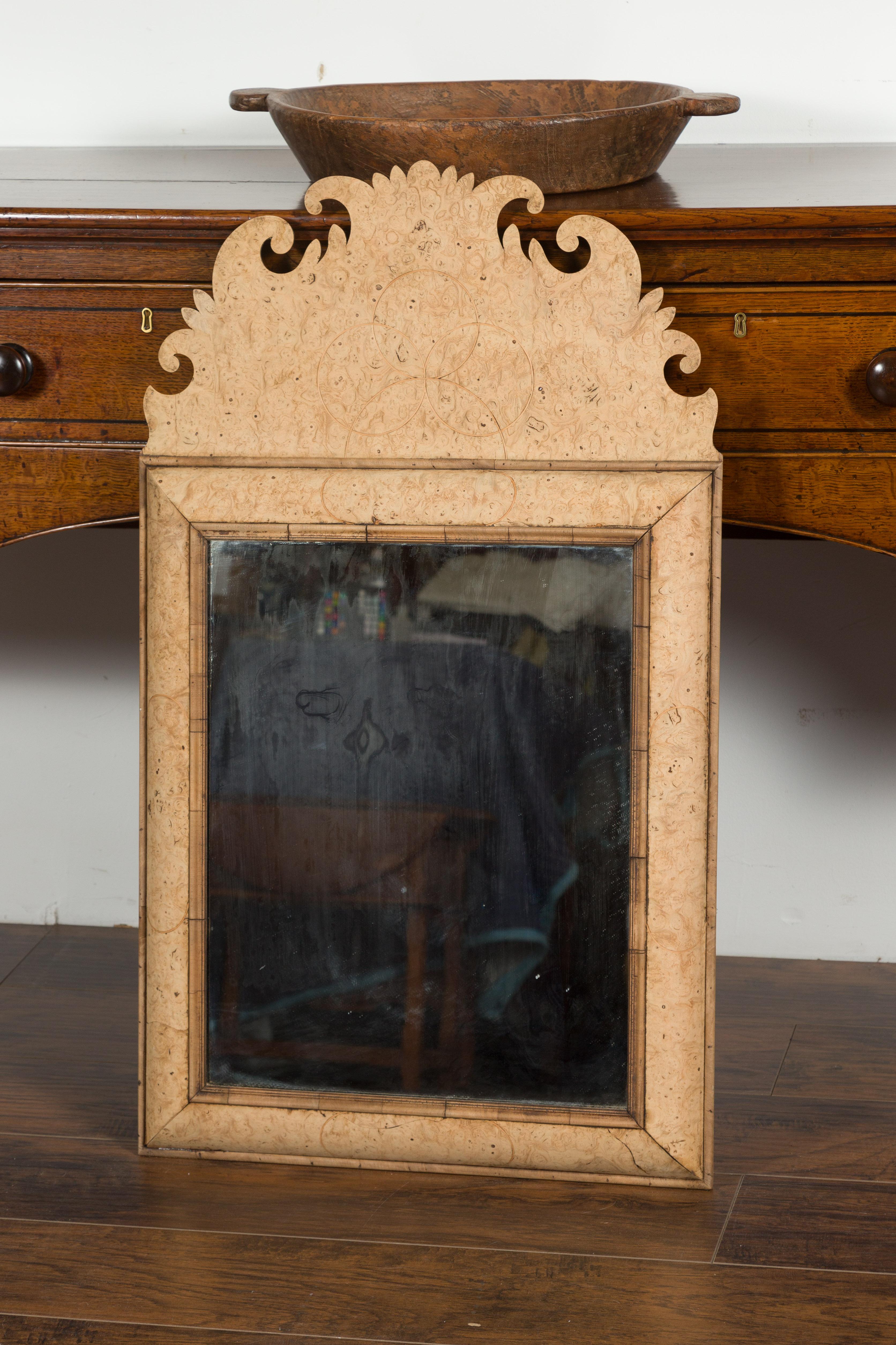 19th Century English 1880s Burl Wood Mirror with Large Carved Scrolling Crest