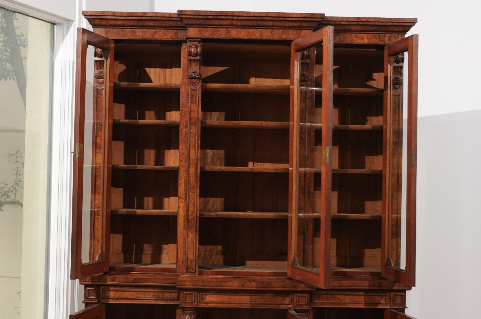 English 1880s Burled Walnut Breakfront Bookcase with Glass Doors and Volutes 6
