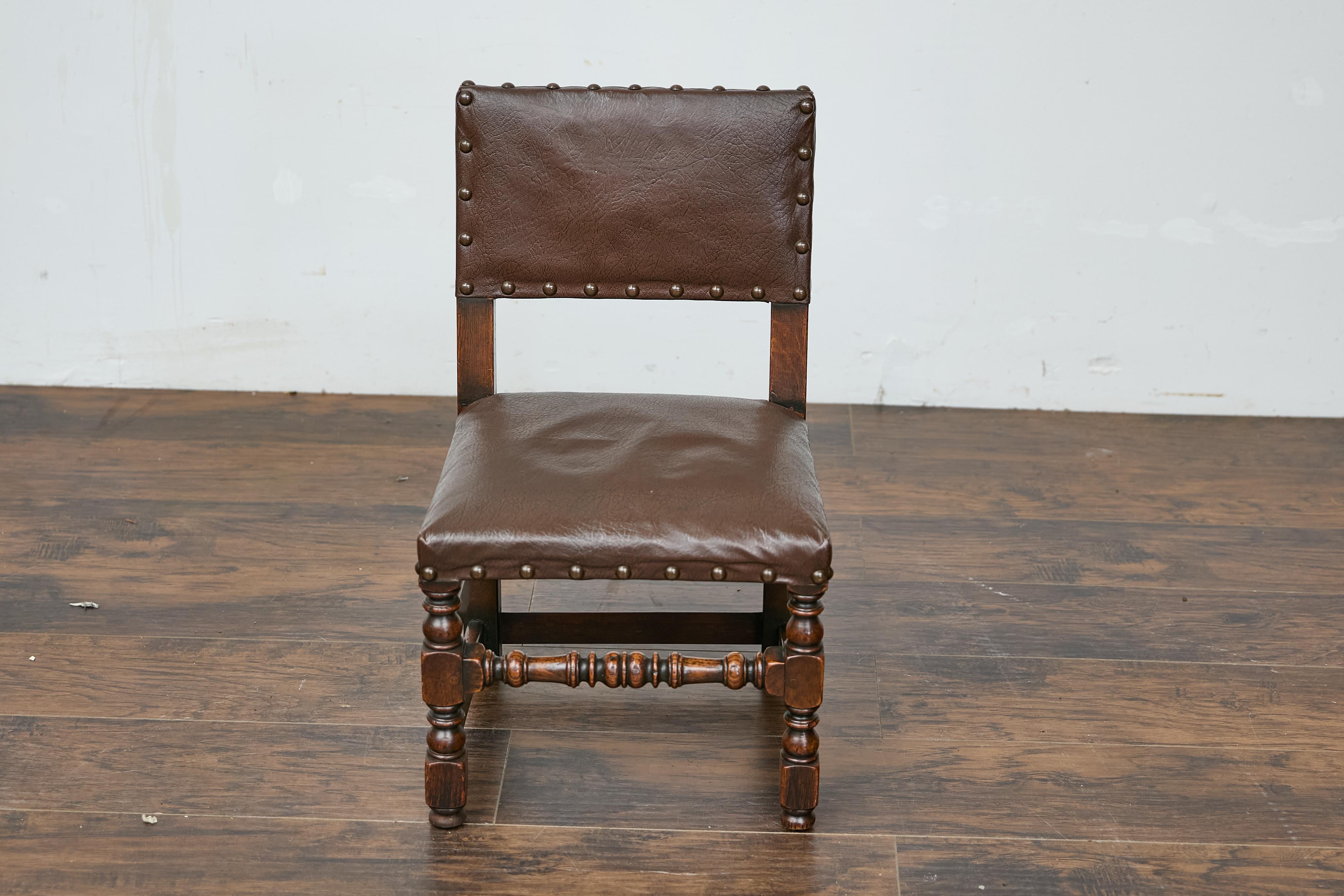 Oiled English 1880s Child's Chair with Turned Legs and Oil Cloth Upholstery For Sale