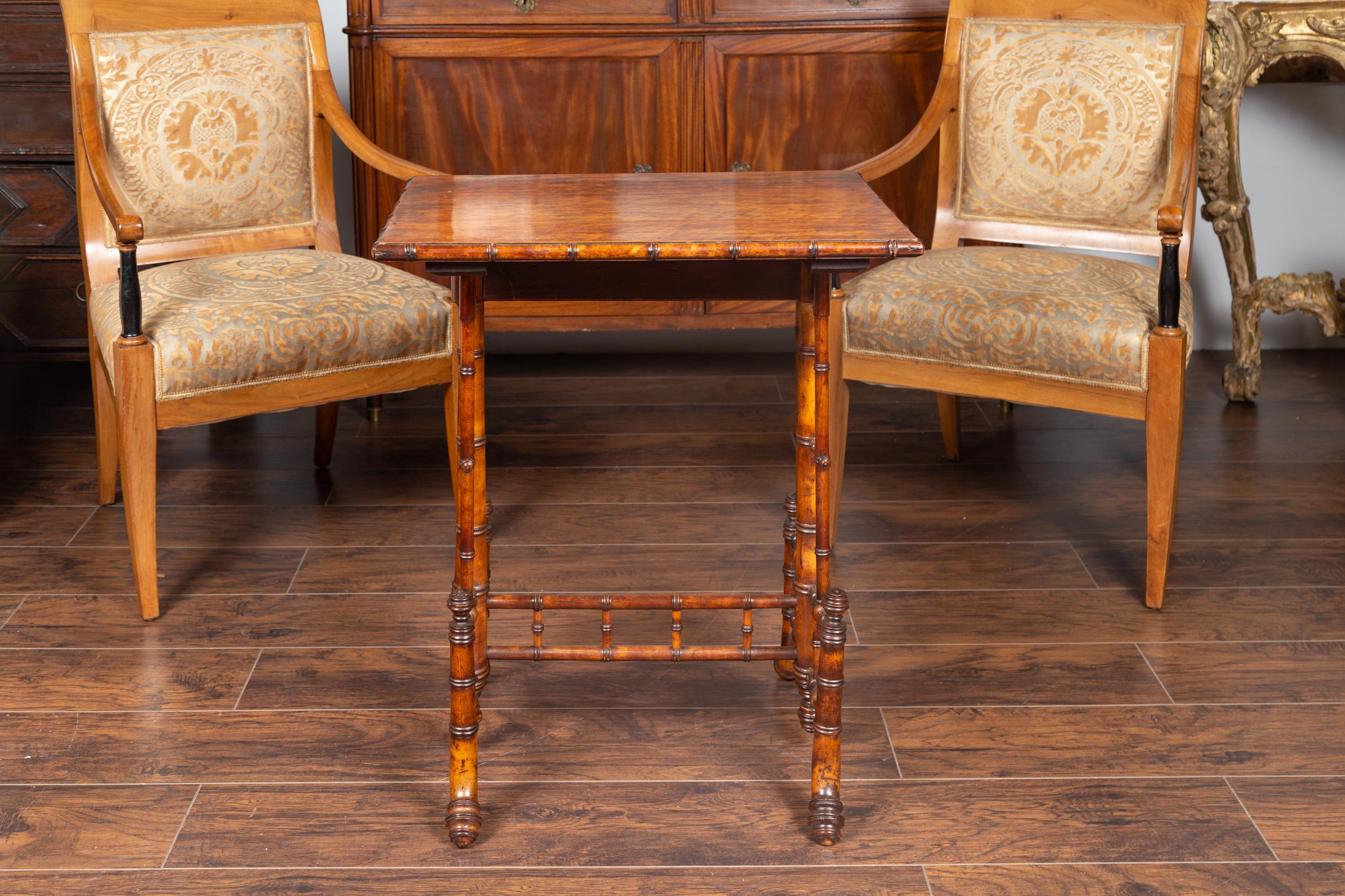 English 1880s Chinese Chippendale Style Faux Bamboo Walnut Side Table 1