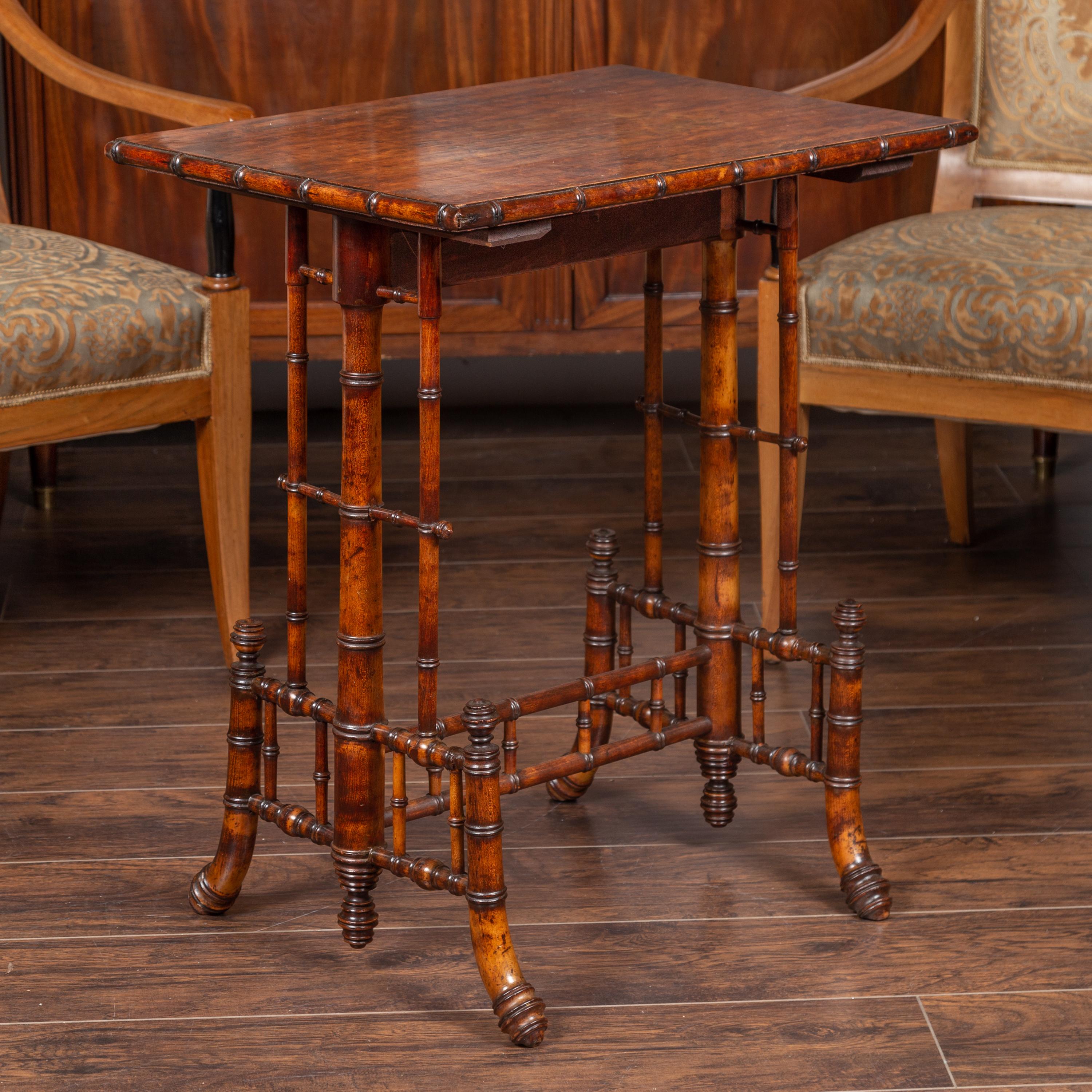 English 1880s Chinese Chippendale Style Faux Bamboo Walnut Side Table 2