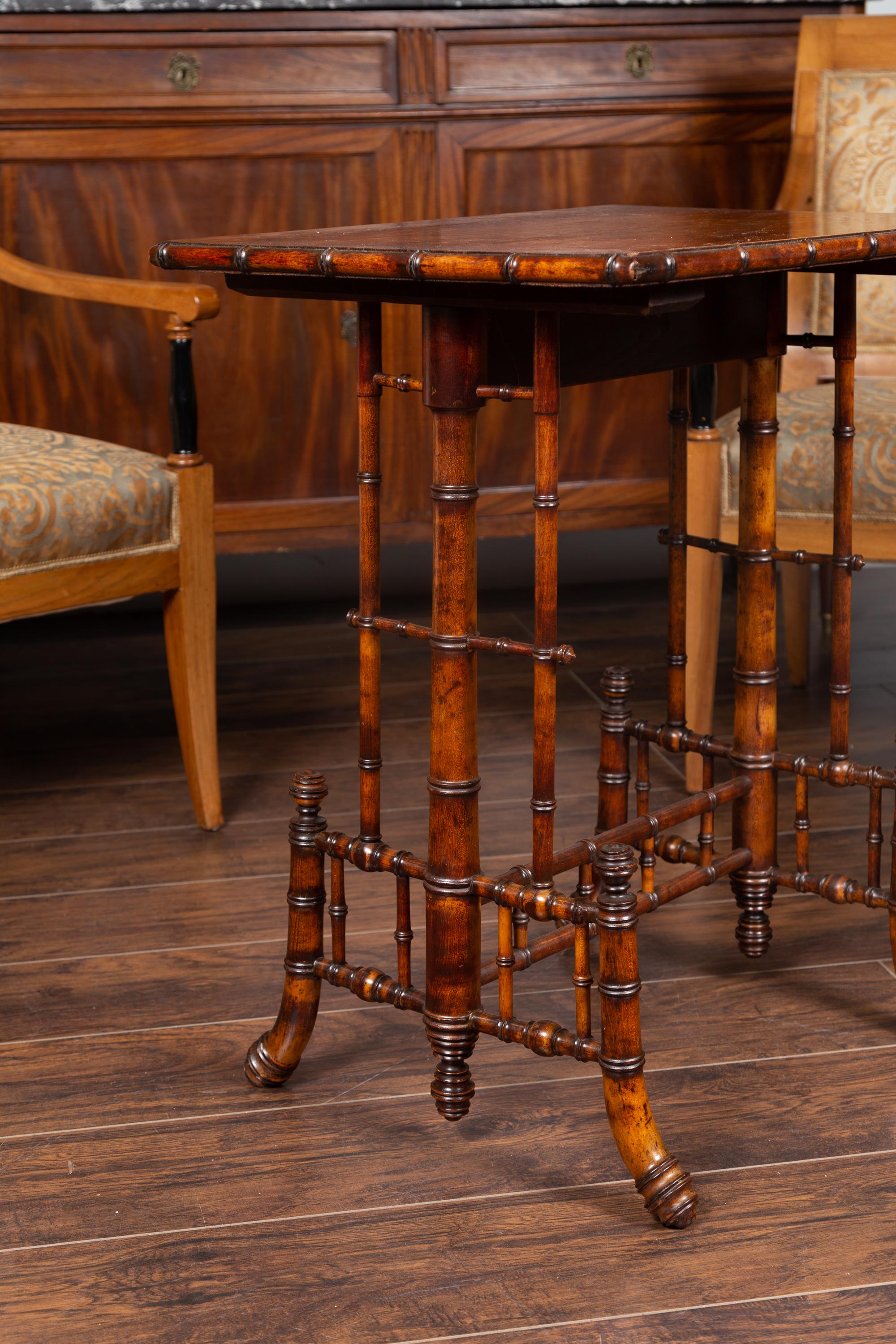 English 1880s Chinese Chippendale Style Faux Bamboo Walnut Side Table 4