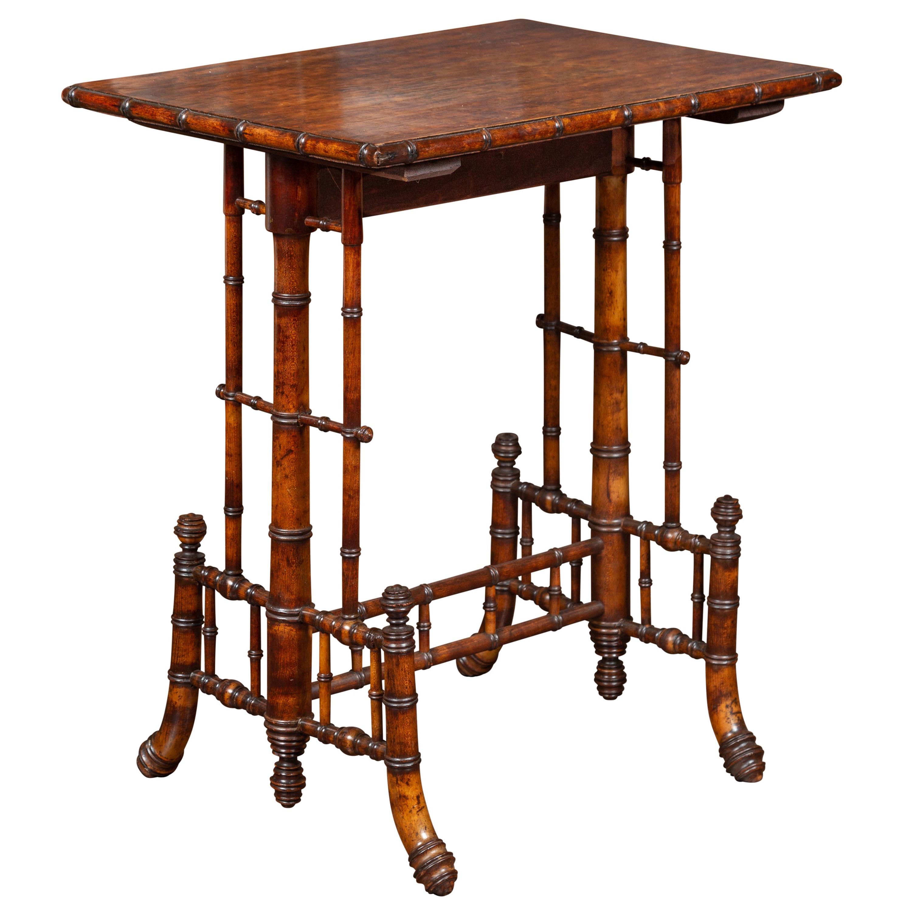English 1880s Chinese Chippendale Style Faux Bamboo Walnut Side Table