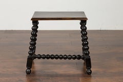English 1880s Ebonized Wood Splaying Legs Bobbin Stool with Cross Stretcher
