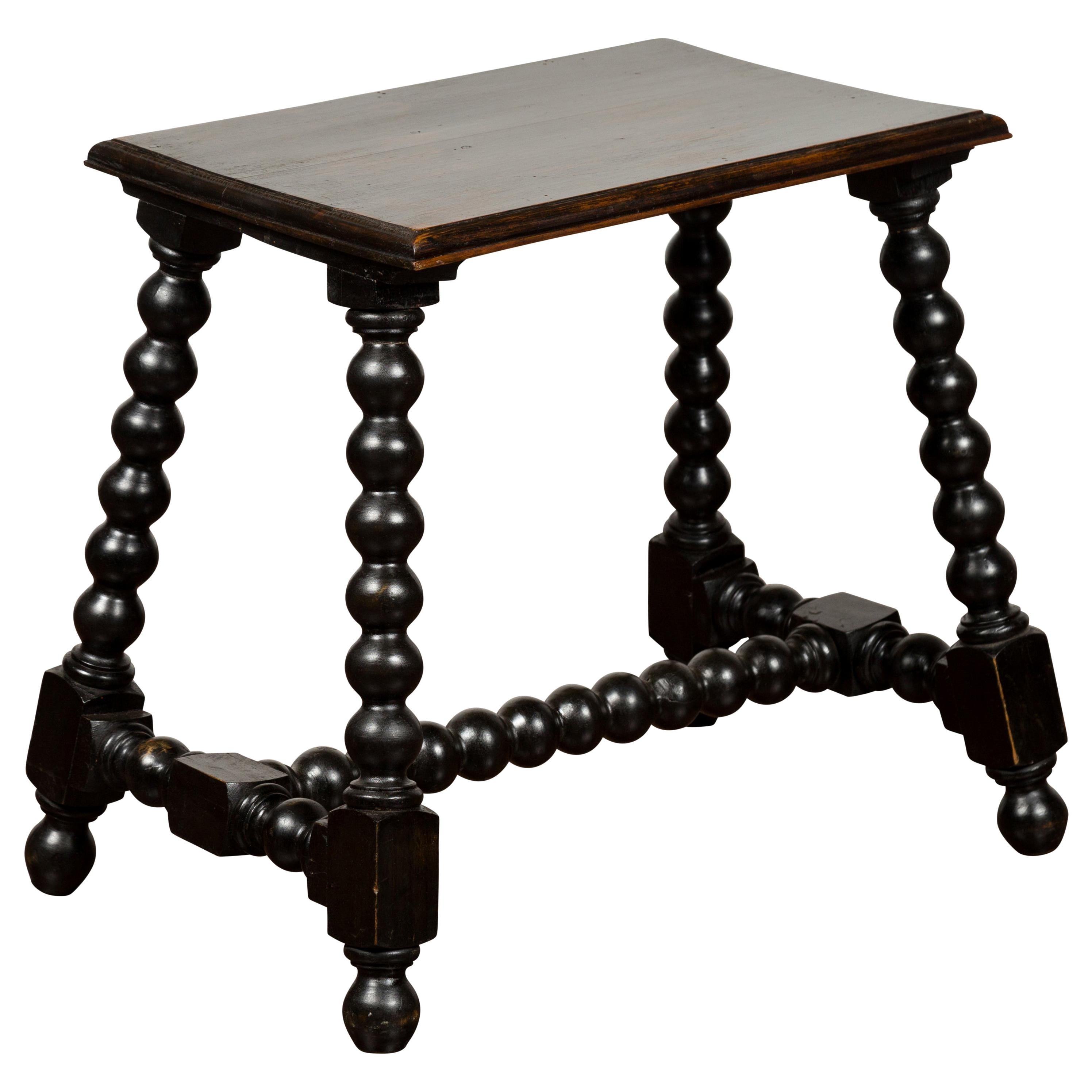 English 1880s Ebonized Wood Splaying Legs Bobbin Stool with Cross Stretcher