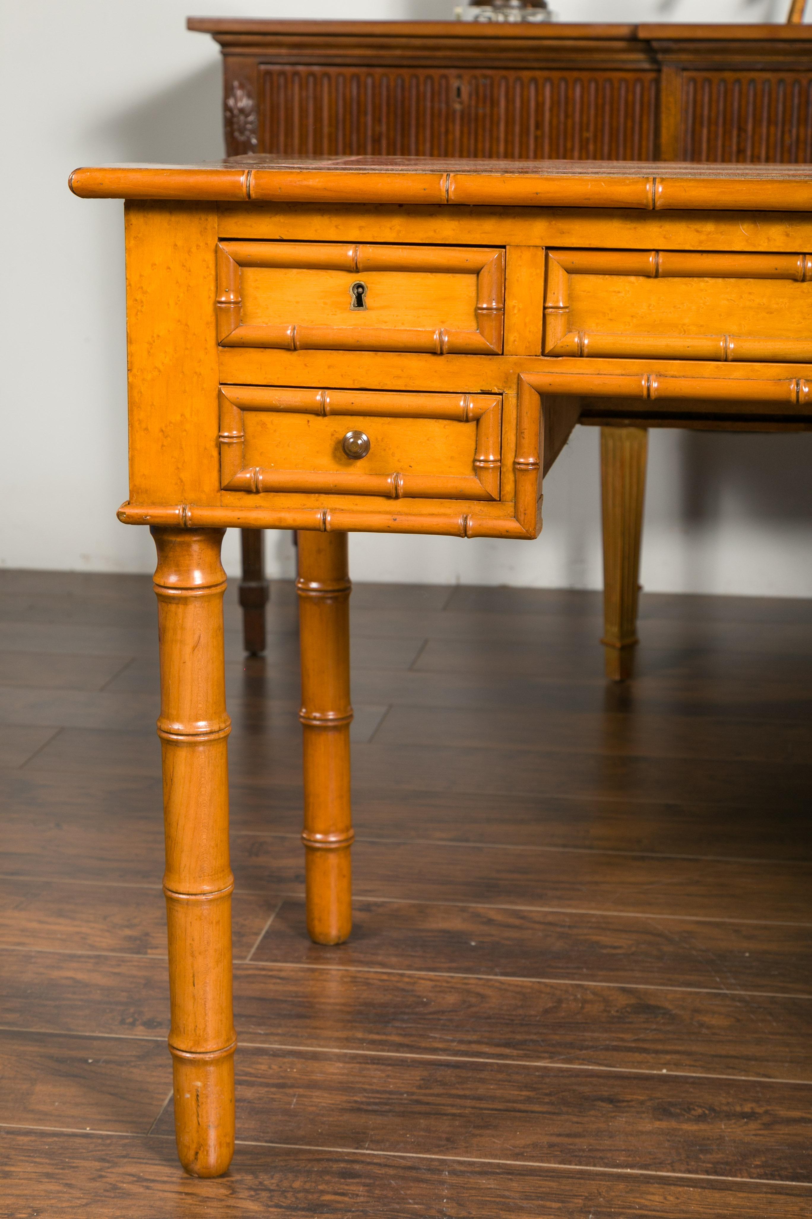 English 1880s Faux-Bamboo Desk with Copper Hued Leather Top and Five Drawers For Sale 5
